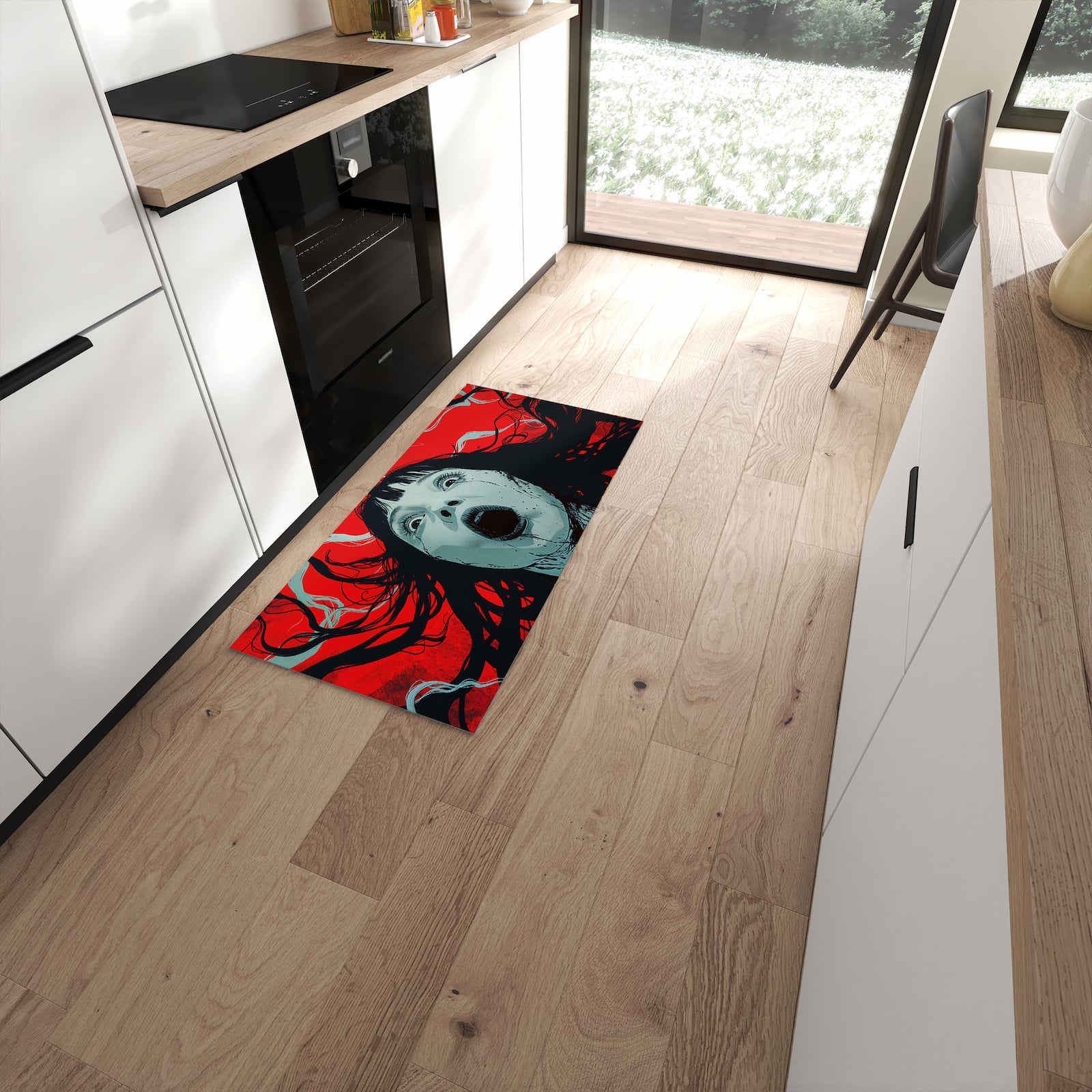 Abriebfester rutschfester Küchenläufer mit Motiv Schreiende Person in moderner Küche #grösse_60 x 120 cm