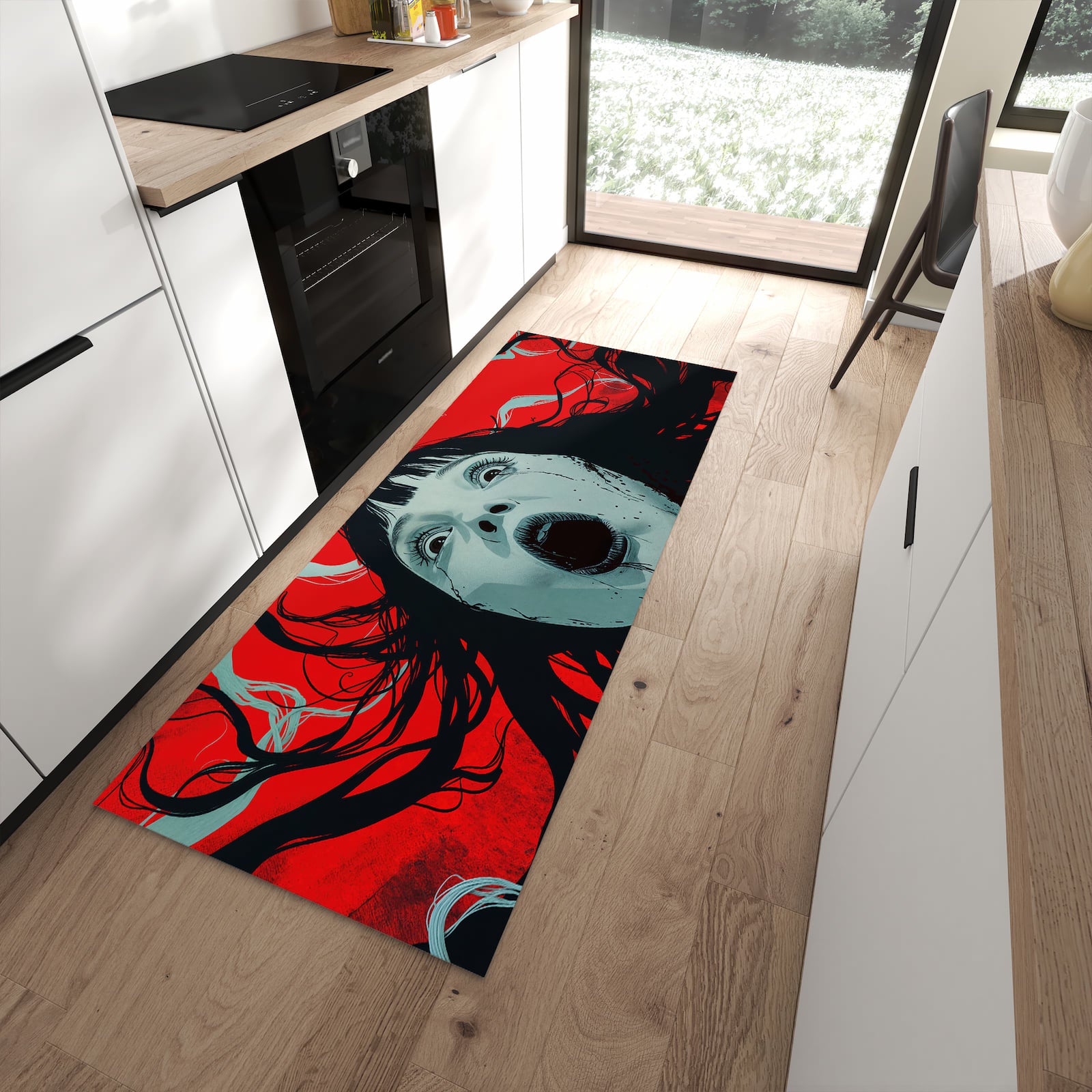 Langlebiger Küchenläufer mit Motiv Schreiende Person in moderner Küche