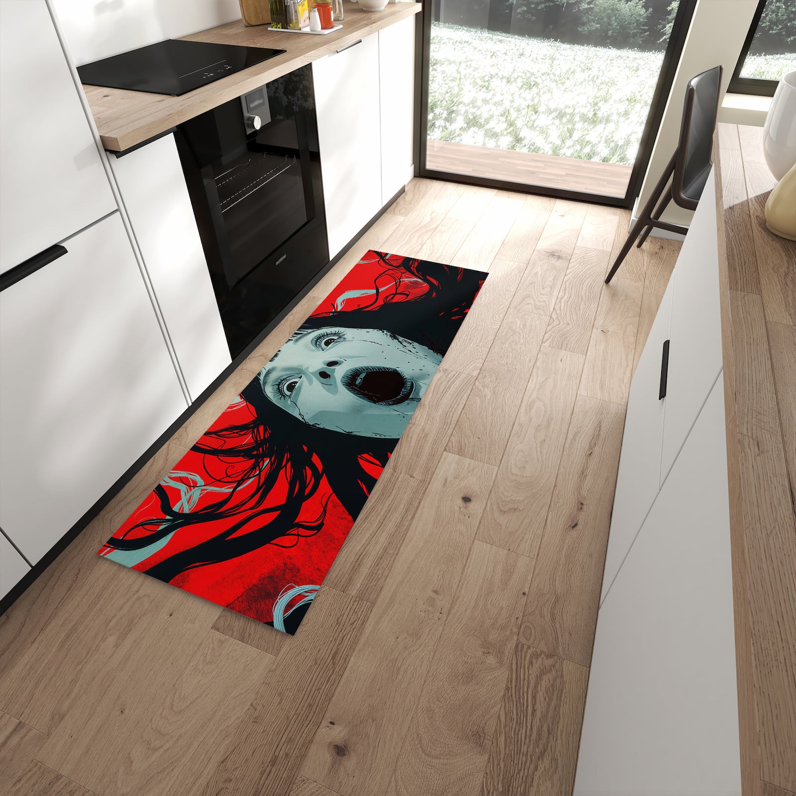 Komfortabler Küchenläufer nach Maß mit Motiv Schreiende Person in moderner Küche