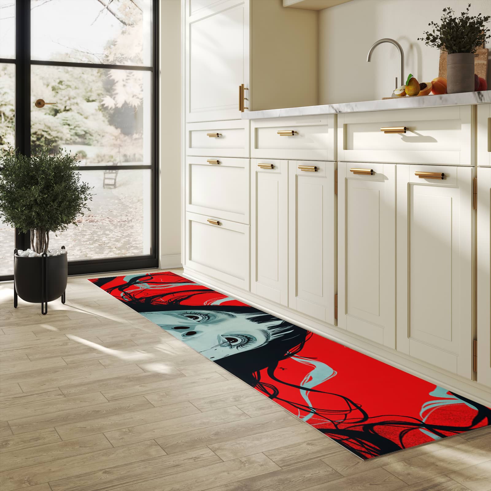 Rutschfester Küchenteppich mit Motiv Schreiende Person in heller Küche für sicheren Stand