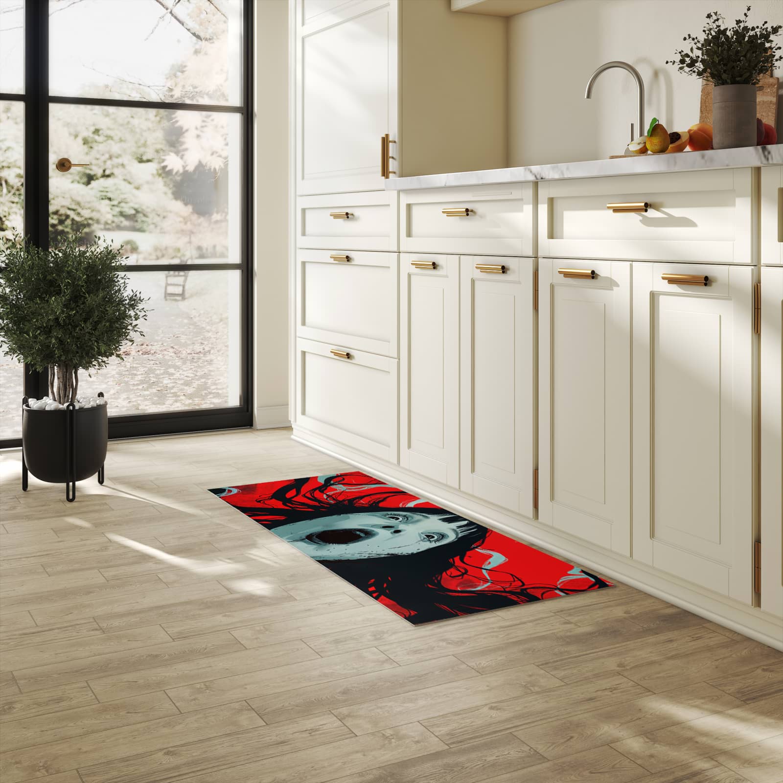 Küchenteppich mit Motiv Schreiende Person für Ordnung in heller Küche