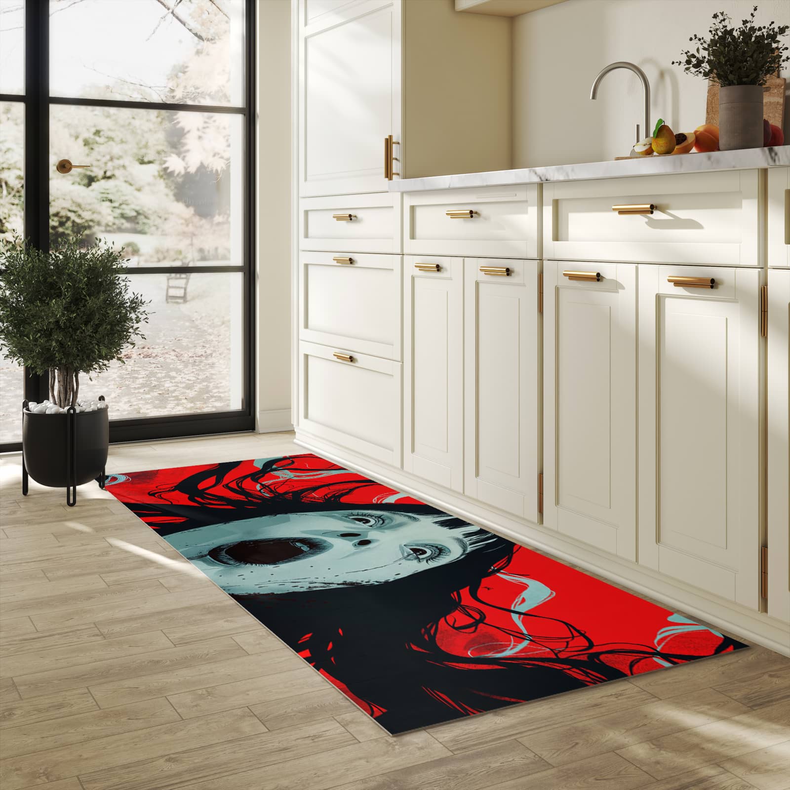 Fleckenresistenter rutschfester Küchenläufer mit Motiv Schreiende Person in heller Küche