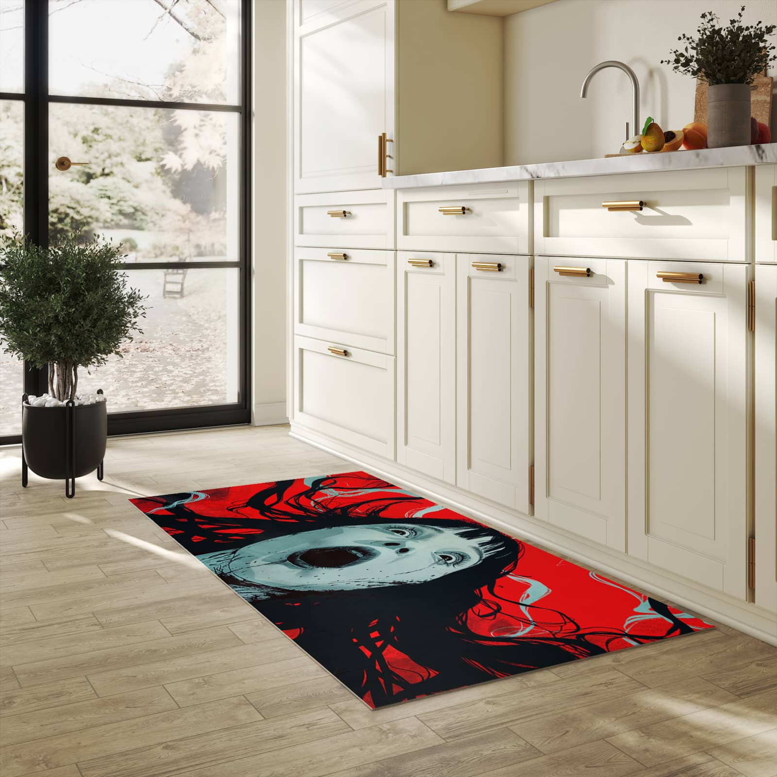 Wasserabweisender rutschfester Küchenläufer mit Motiv Schreiende Person in heller Küche