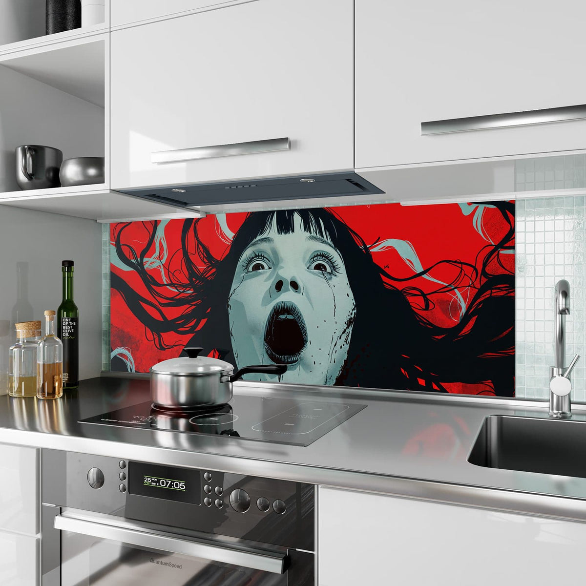 Küchenrückwand aus Glas Schrei in Rot im Hochformat als Spritzschutz hinter dem Kochfeld, über dem Fliesenspiegel montiert