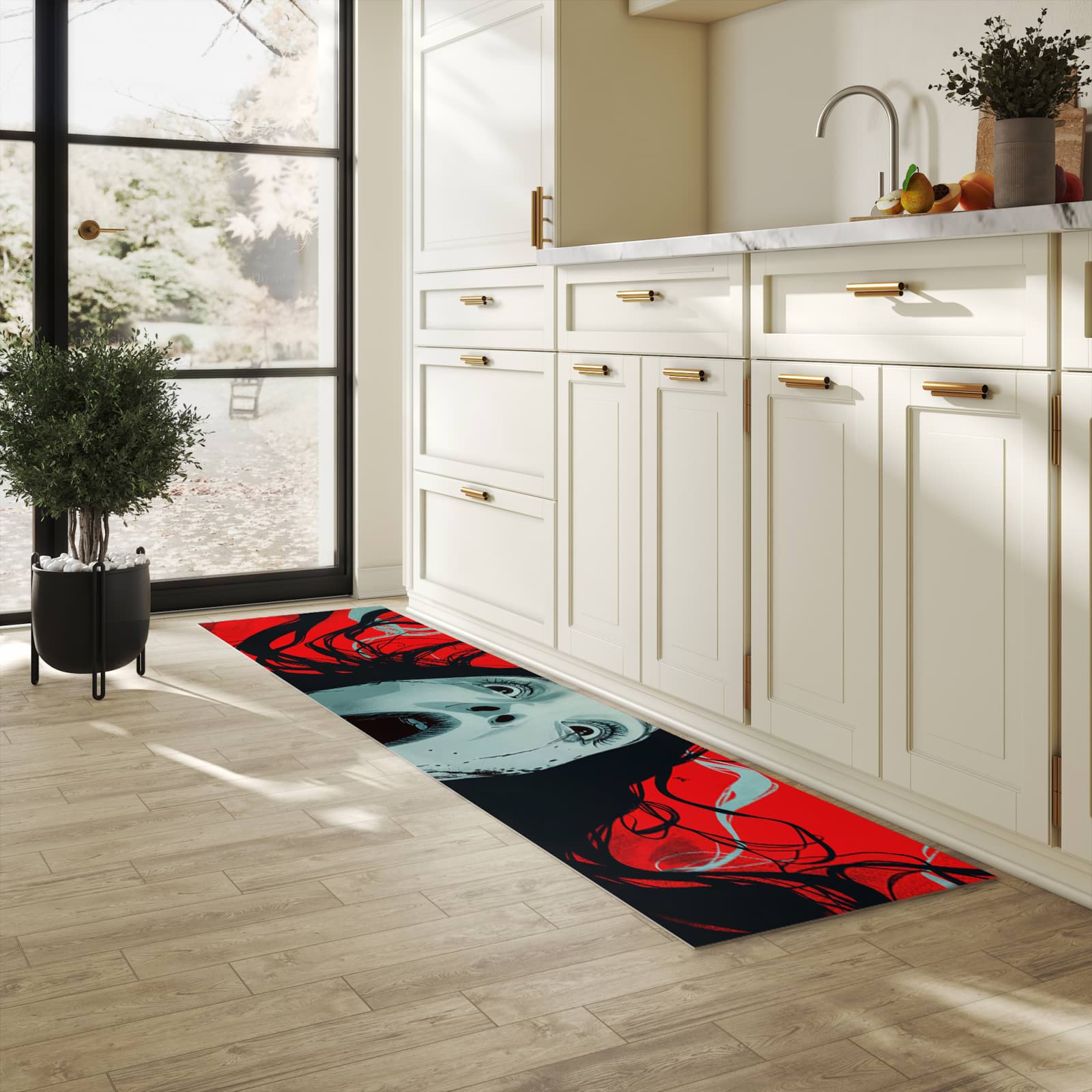 Formstabiler großer Küchenteppich mit Motiv Schreiende Person in heller Küche