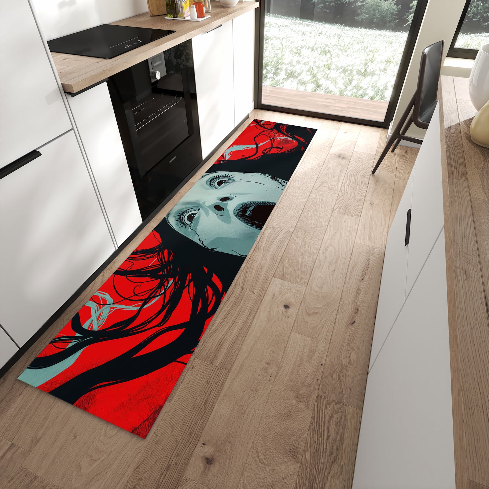 Fleckenresistenter moderner Küchenläufer mit Motiv Schreiende Person in moderner Küche