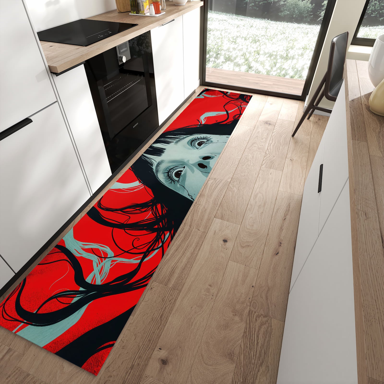Schmutzabweisender Küchenläufer mit Motiv Schreiende Person in moderner Küche