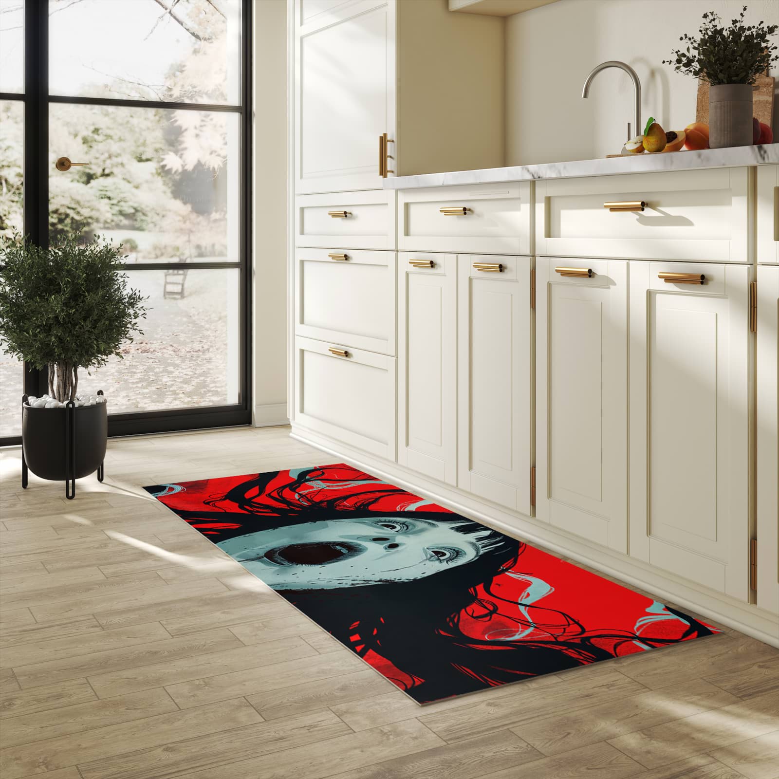 Geräuschdämpfender Küchenläufer mit Motiv Schreiende Person in heller Küche