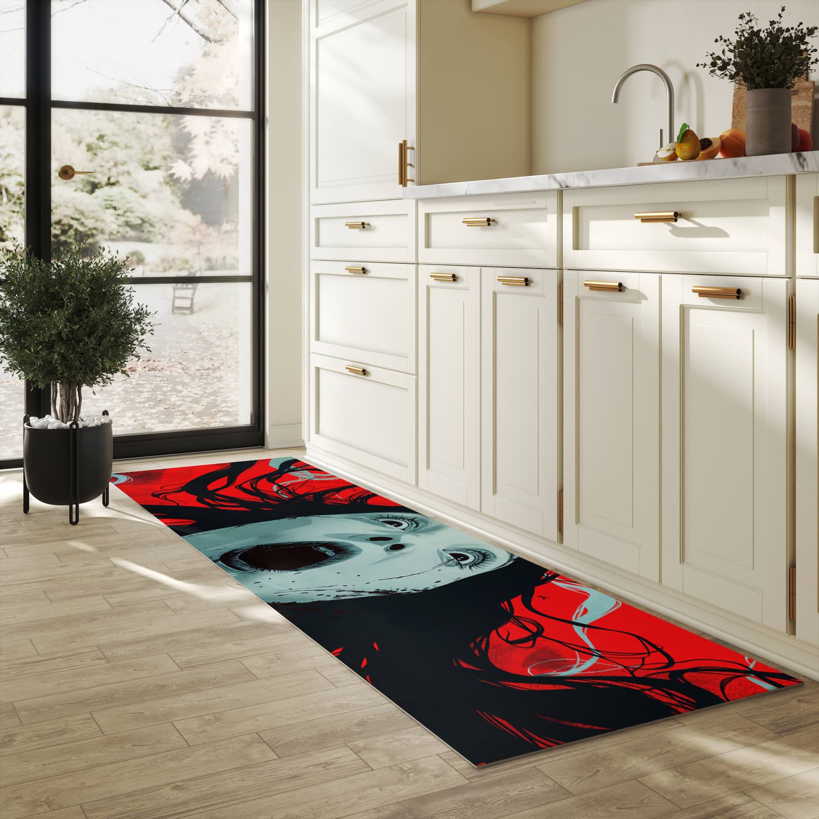 UV-beständiger Küchenläufer mit Motiv Schreiende Person in heller Küche