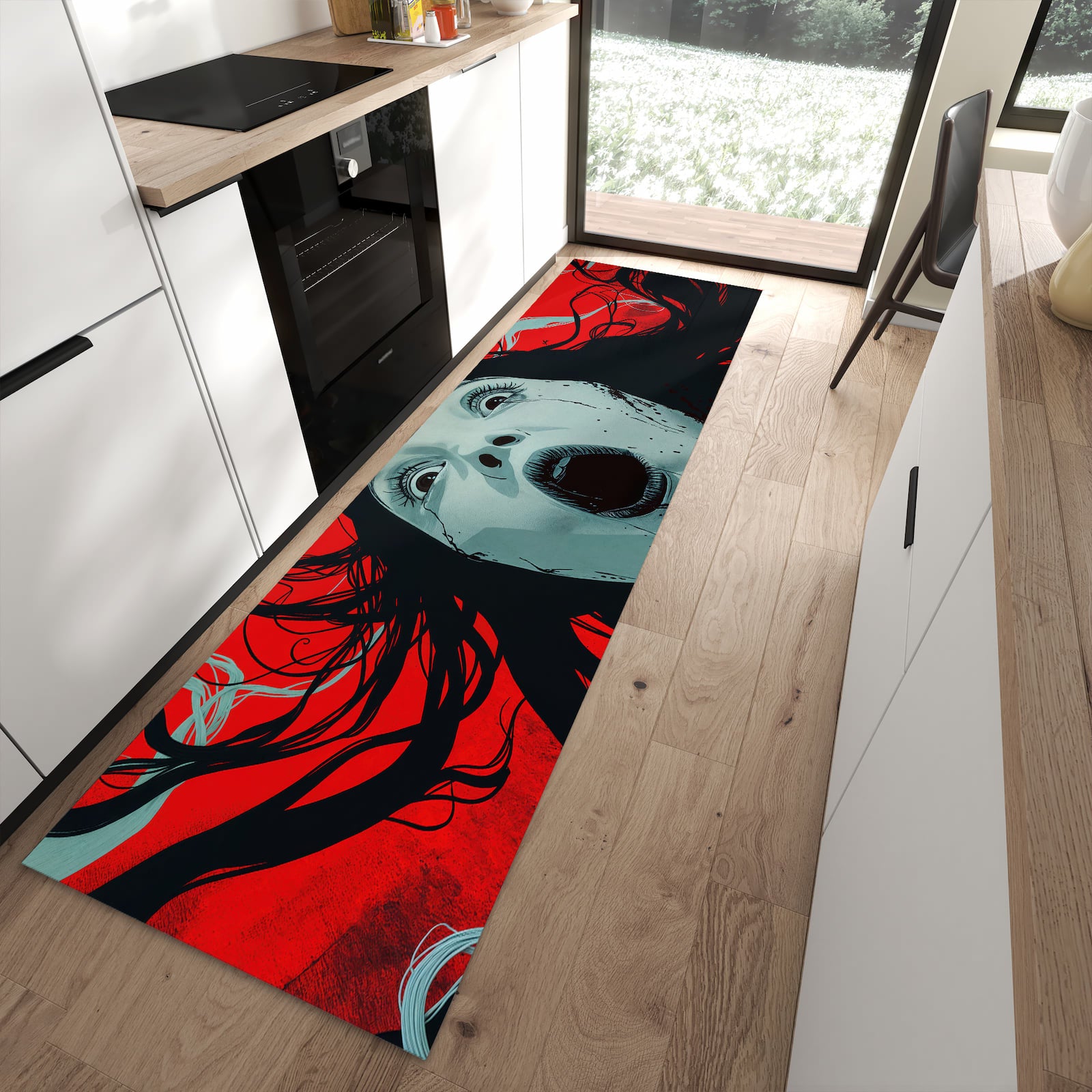 Pflegeleichter Teppich für Küche mit Motiv Schreiende Person in moderner Küche