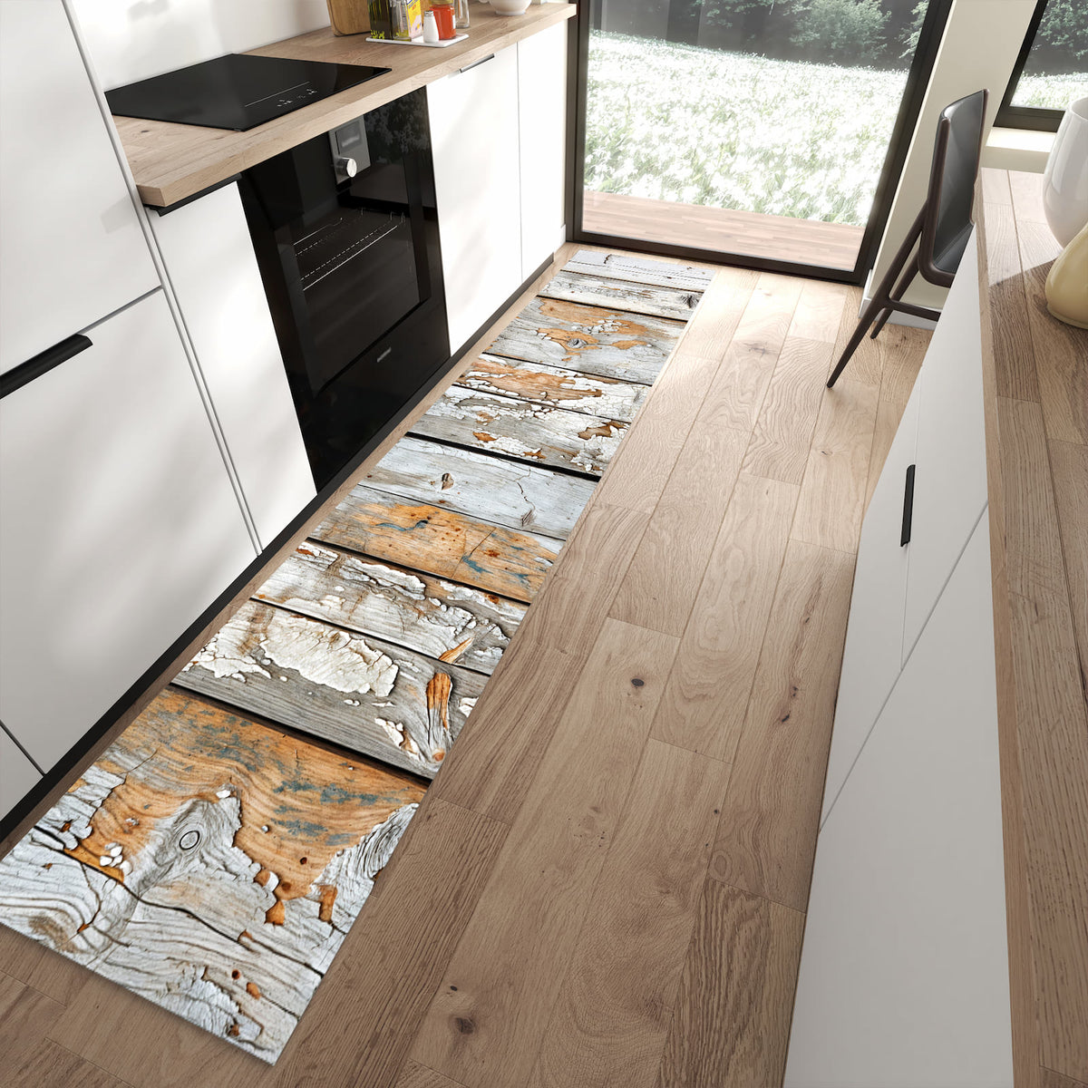 Bodenschonender Küchenläufer mit Motiv Verwittertes Holz in moderner Küche