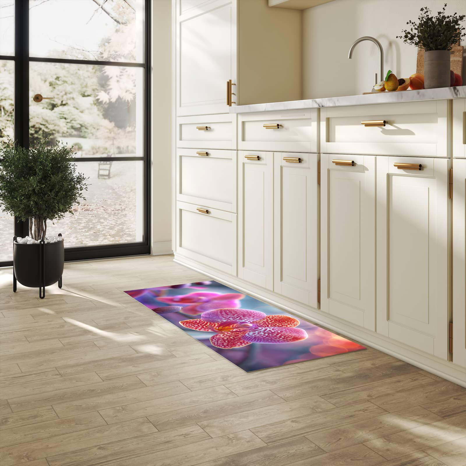 Flacher Läufer mit Motiv Exotische Orchidee für rutschfesten Halt in heller Küche