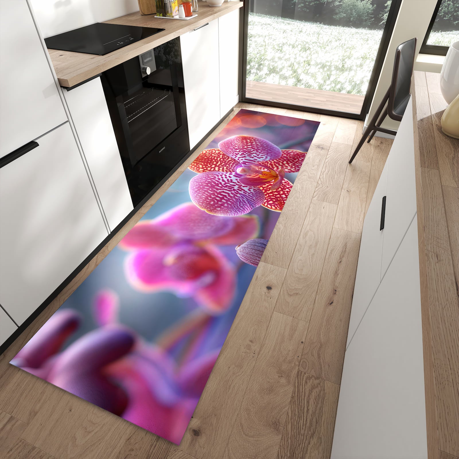 Formstabiler rutschfester Küchenläufer mit Motiv Exotische Orchidee in moderner Küche