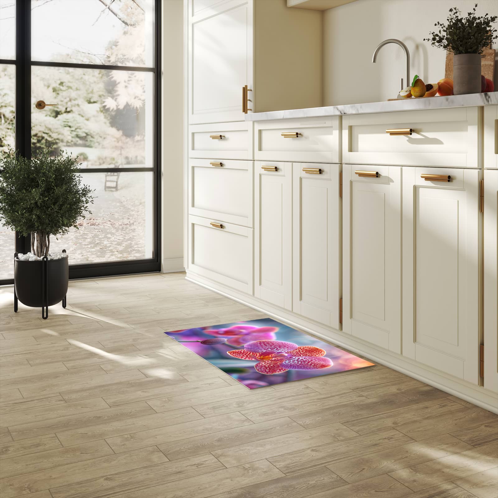 Küchenteppich mit angenehmer Haptik und Motiv Exotische Orchidee in heller Küche, waschbar