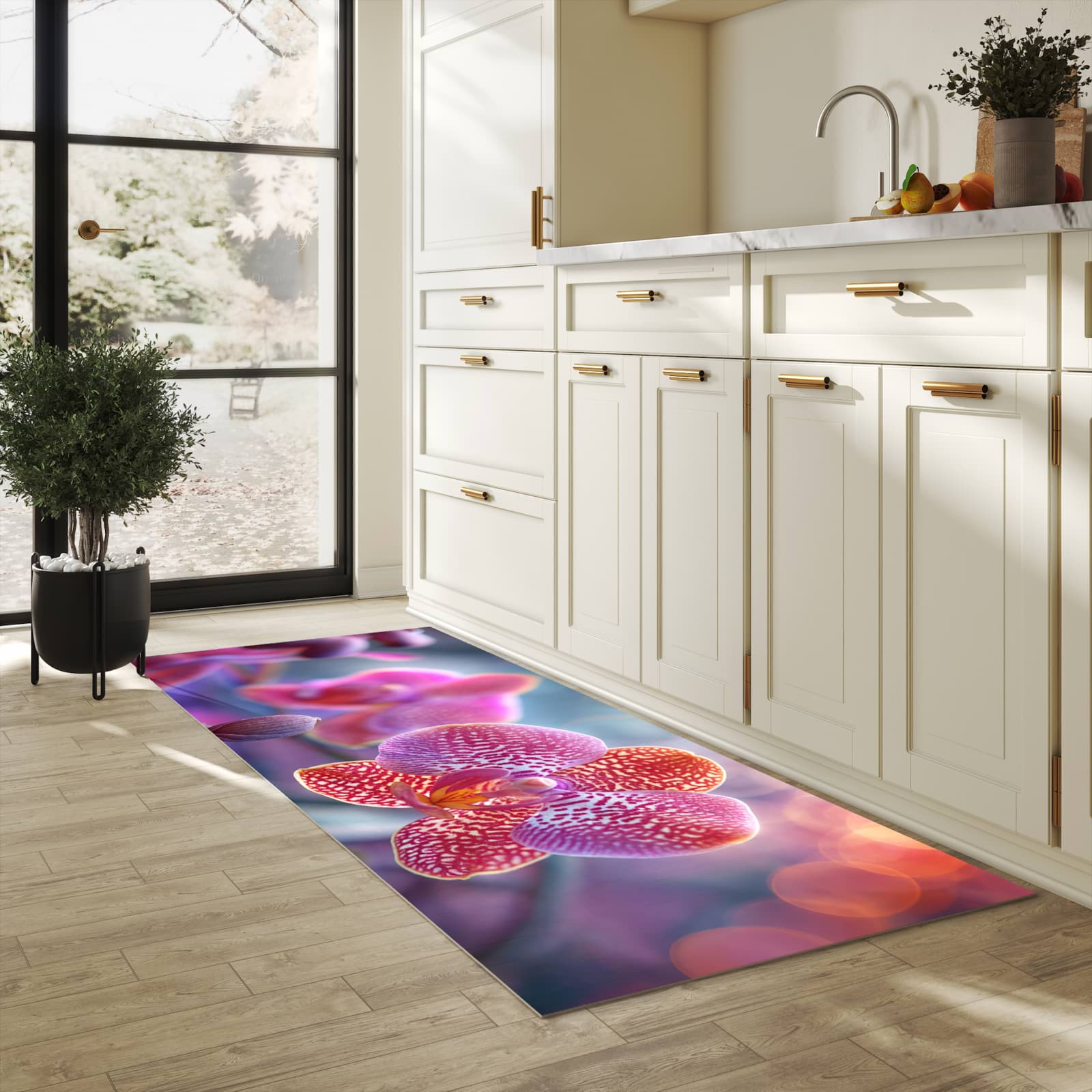 Feuchtigkeitsresistenter Küchenteppich mit Motiv Exotische Orchidee in heller Küche