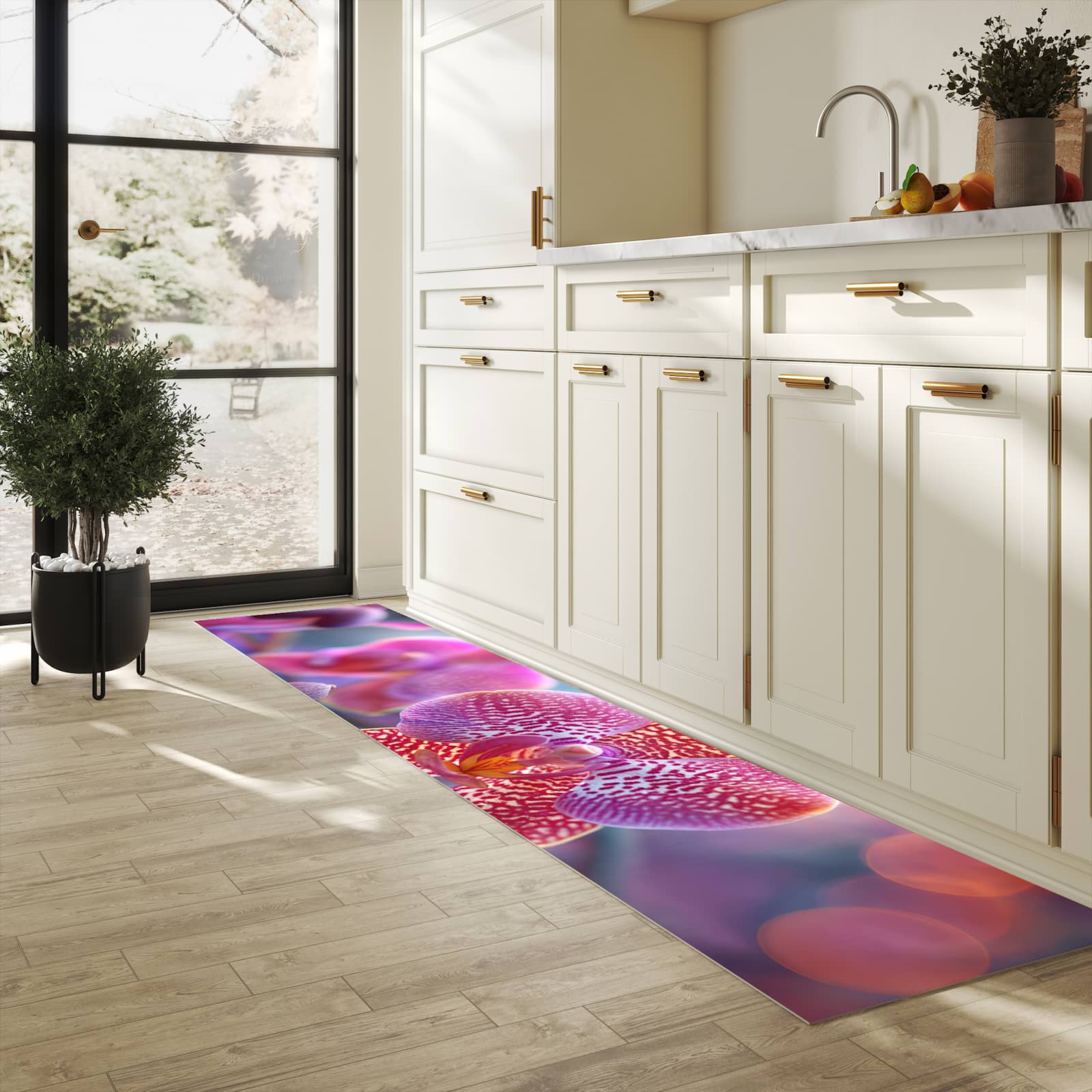 Waschbarer Teppich fürs Esszimmer mit Motiv Exotische Orchidee in heller Küche