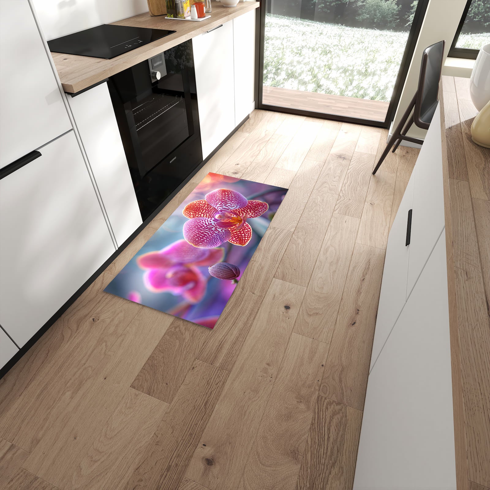 Strapazierfähiger Küchenteppich mit Motiv Exotische Orchidee in moderner Küche #grösse_60 x 120 cm