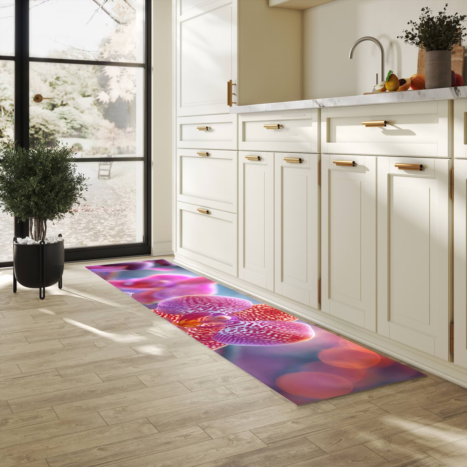 Rutschfester dünner Küchenteppich mit Motiv Exotische Orchidee in heller Küche