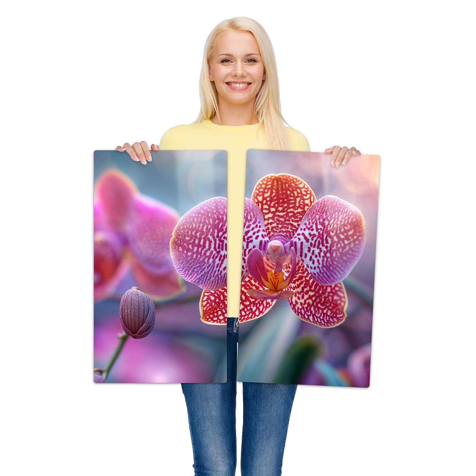 2-teilige Abdeckplatte für Ceranfeld mit Exotische Orchidee-Motiv wird zur Größendarstellung gehalten