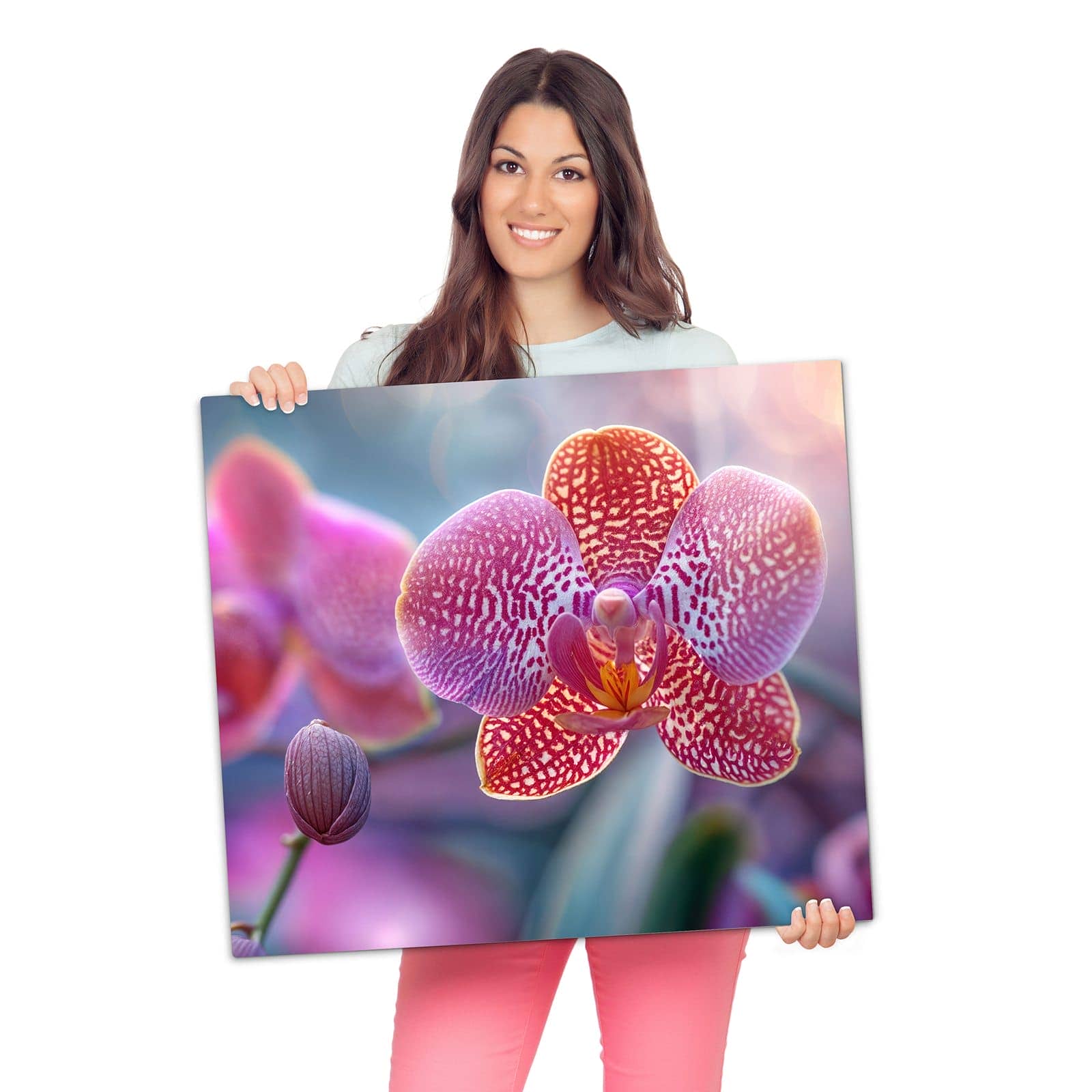 1-teilige Herdabdeckplatte aus Glas mit Exotische Orchidee-Motiv wird zur Größendarstellung gehalten