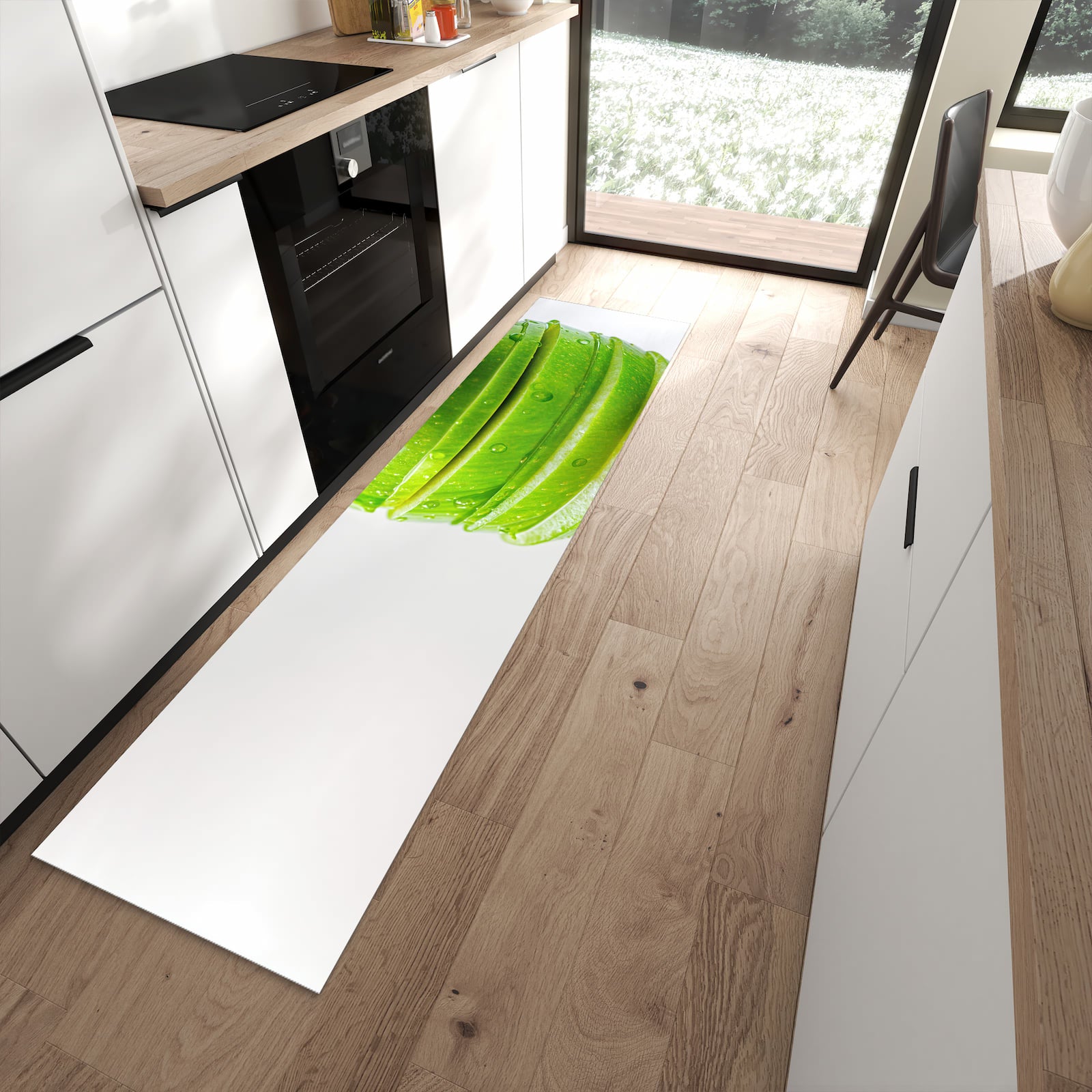Wasserabweisender Teppich für die Küche mit Motiv Geschnittener Apfel in moderner Küche