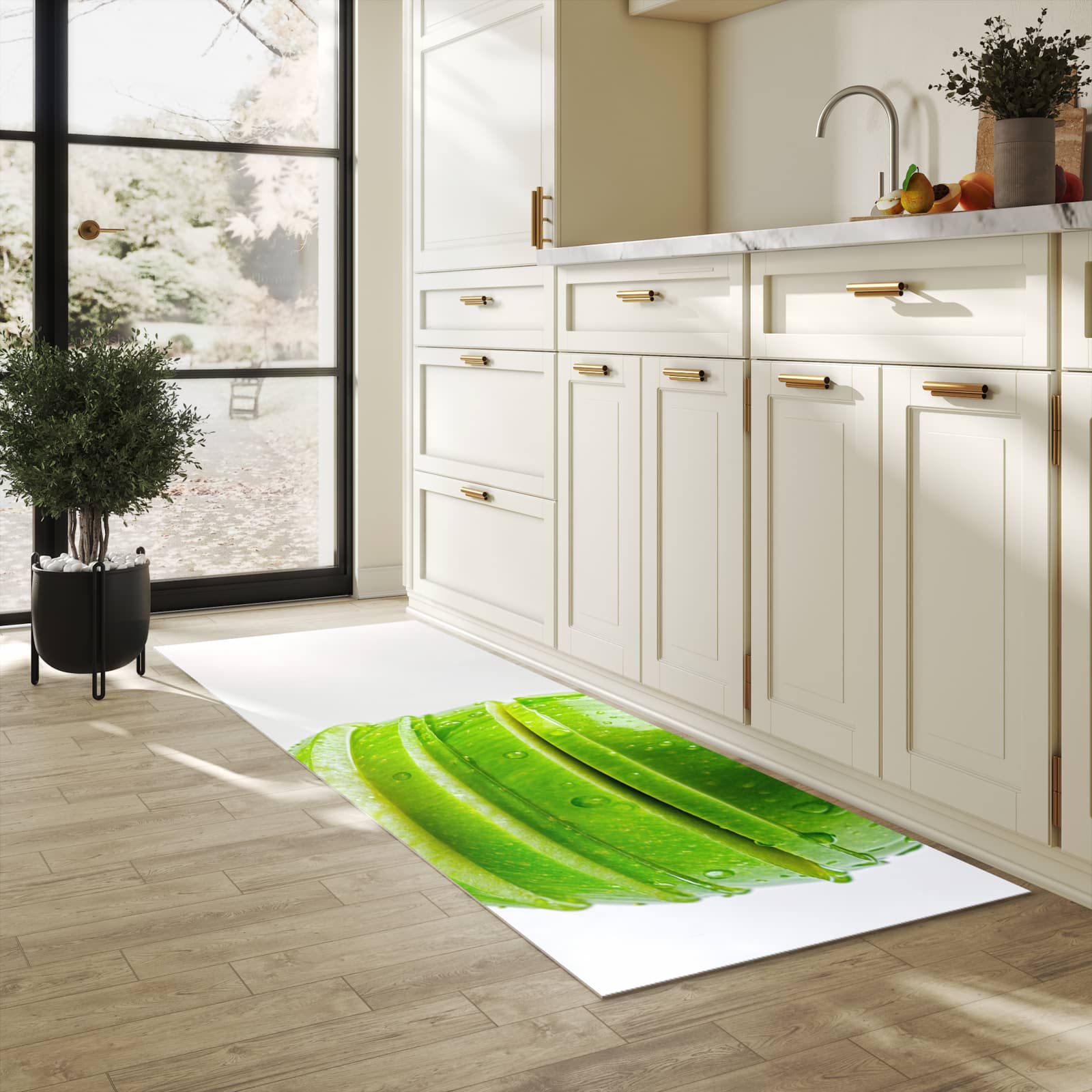 Komfortabler Küchenläufer mit Motiv Geschnittener Apfel in heller Küche für angenehmes Stehen