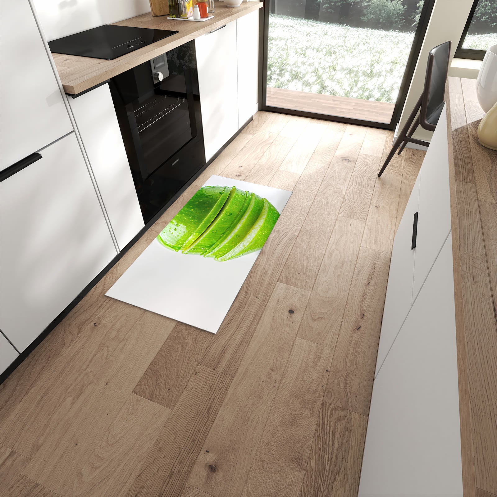 Abriebfester Küchenteppich mit Motiv Geschnittener Apfel in moderner Küche #grösse_60 x 120 cm