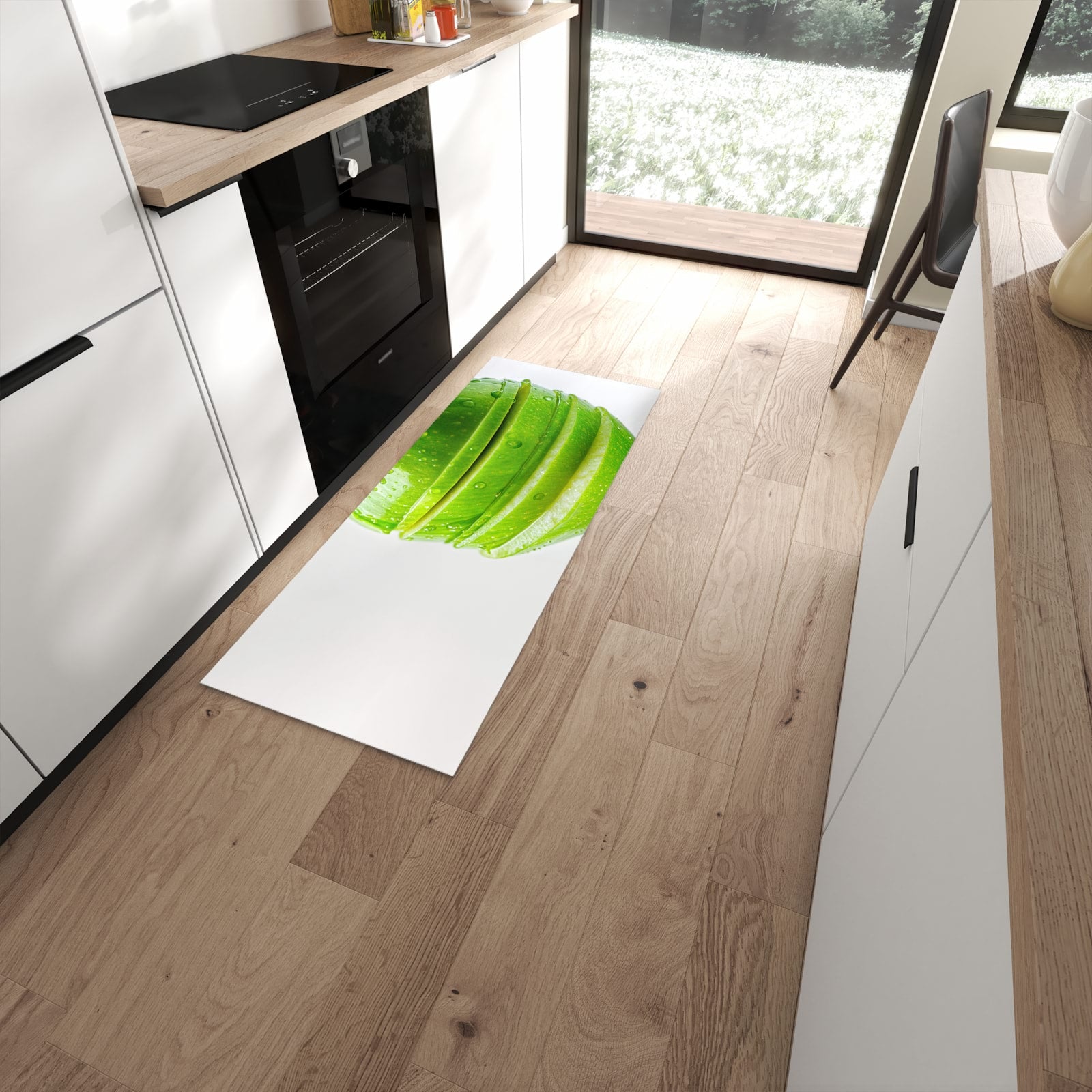 UV-beständiger Teppich für Küche mit Motiv Geschnittener Apfel in moderner Küche #grösse_60 x 150 cm