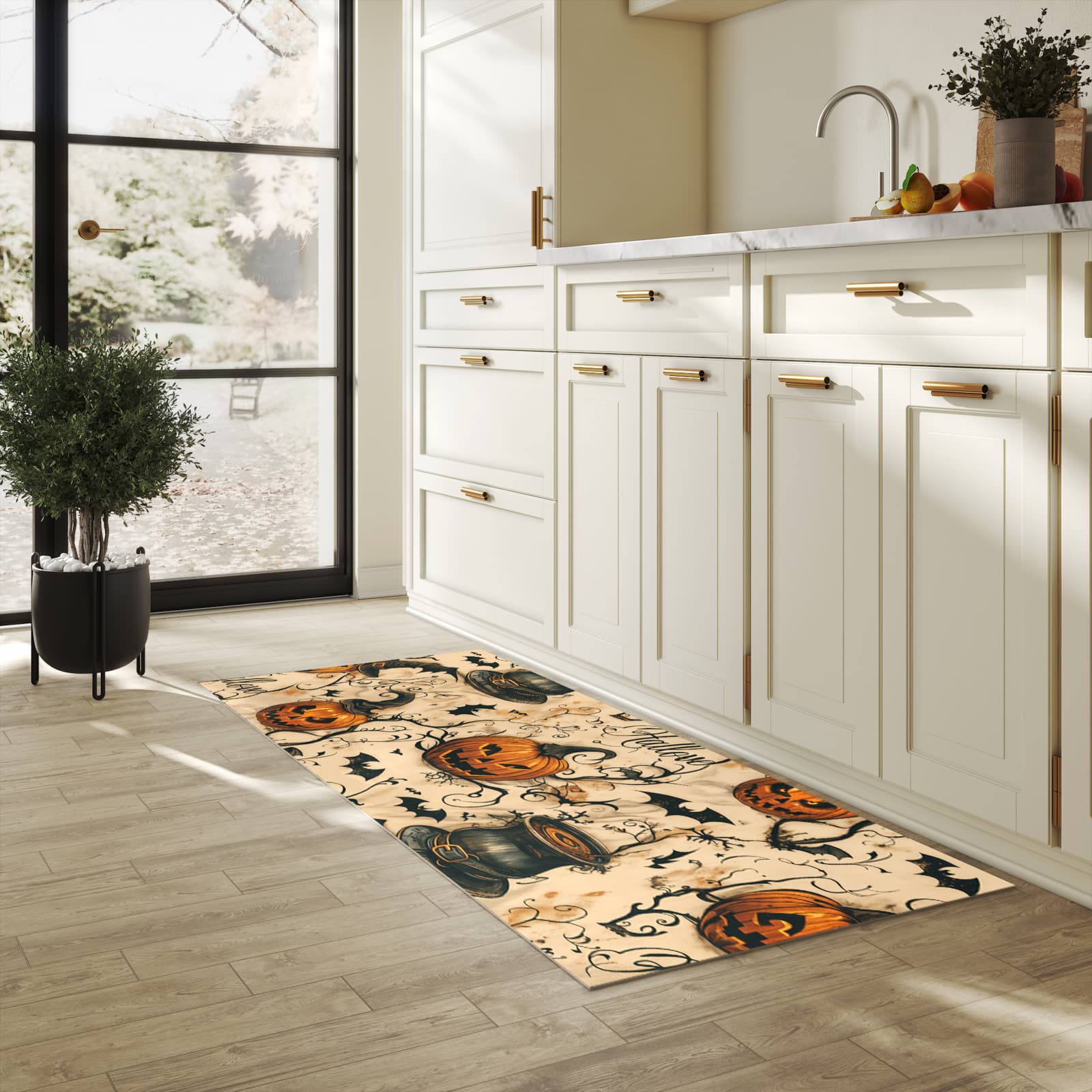 Waschbarer Küchenteppich mit Motiv Halloween Kürbisse in heller Küche