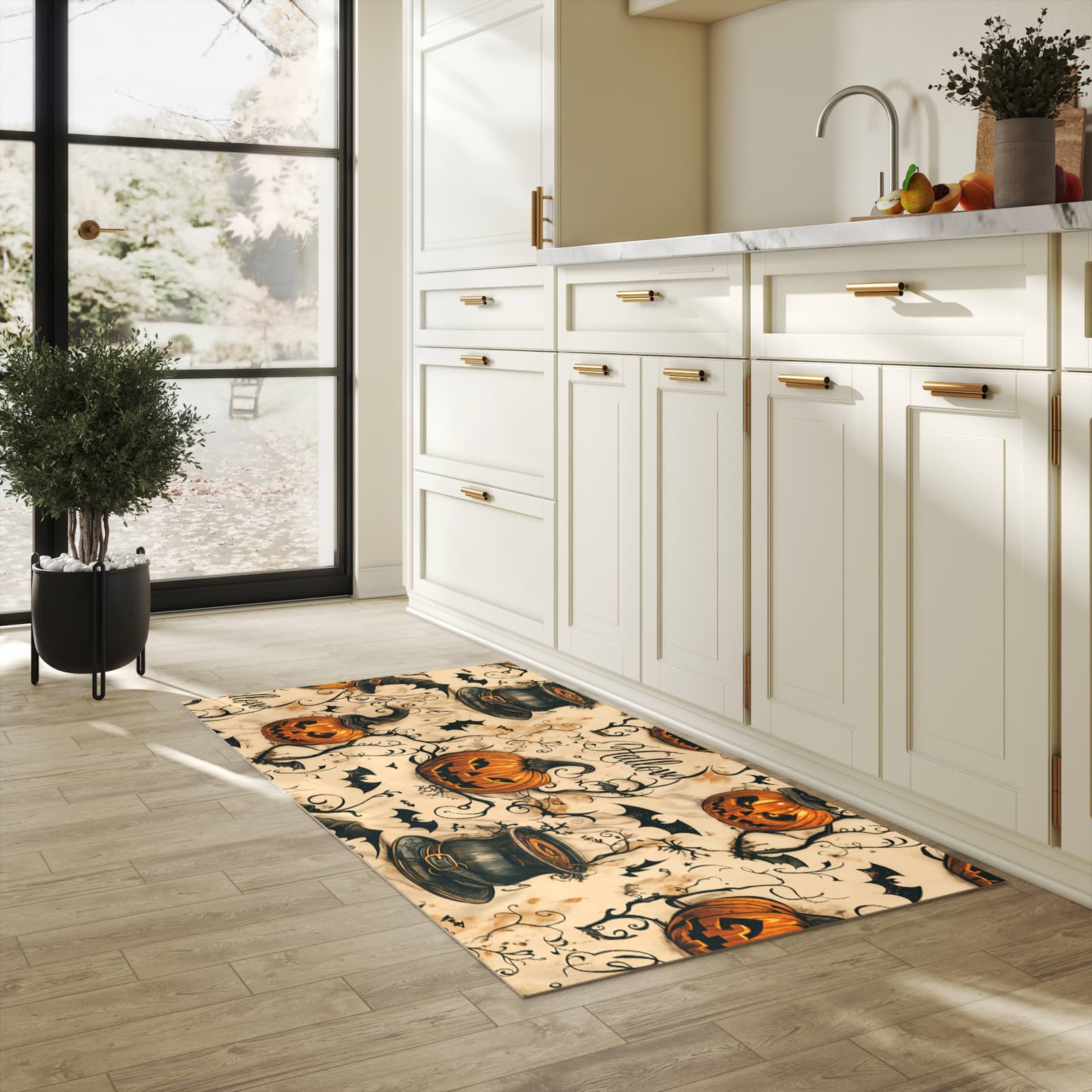 Bodenschonender Küchenteppich mit Motiv Halloween Kürbisse in heller Küche