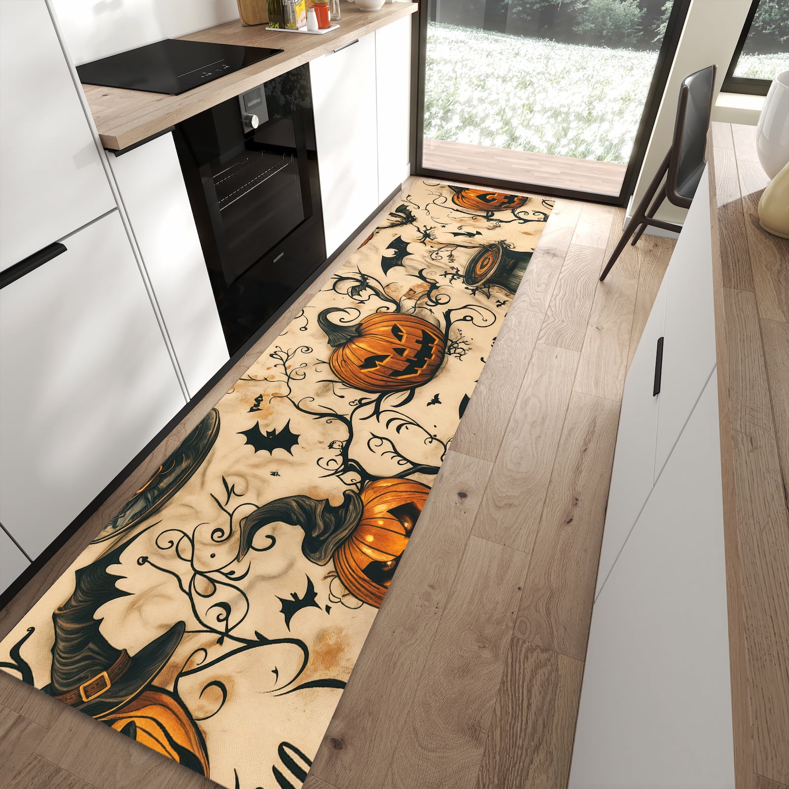 Abwaschbarer Küchenläufer mit Motiv Halloween Kürbisse in moderner Küche