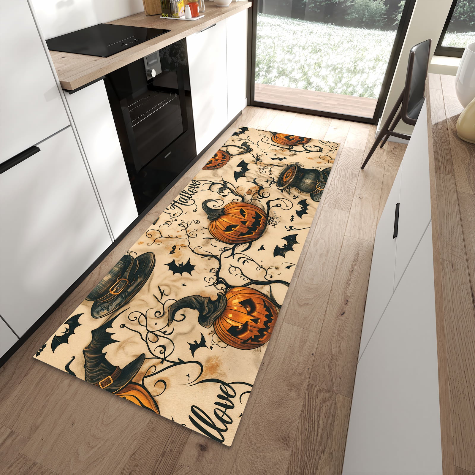 Geräuschdämpfender Küchenteppich mit Motiv Halloween Kürbisse in moderner Küche