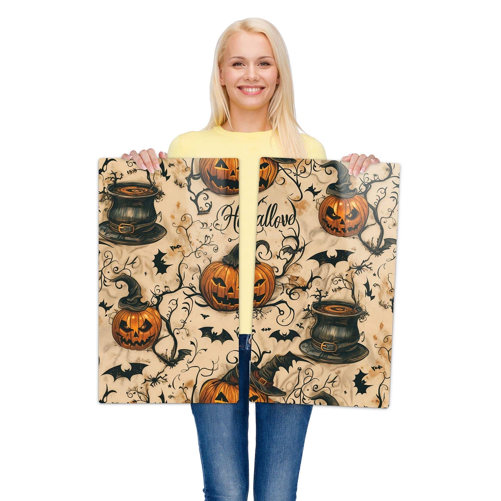 2-teilige Herdabdeckplatte mit Halloween Kürbisse-Motiv wird zur Größendarstellung gehalten