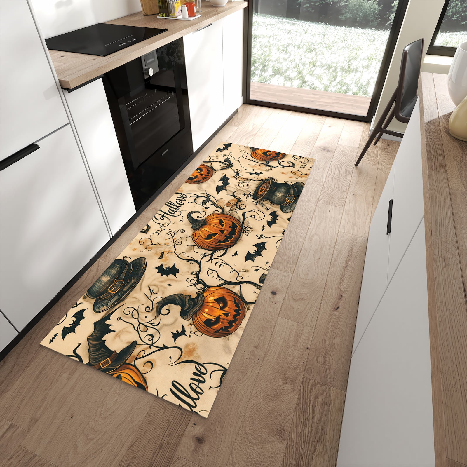 Bodenschonender Küchenläufer nach Maß mit Motiv Halloween Kürbisse in moderner Küche