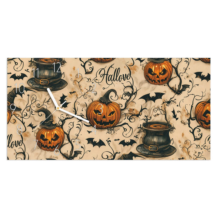 Wanduhr Halloween Kürbisse aus Glas – Querformat 60 × 30 cm mit Ziffernblatt Elegant