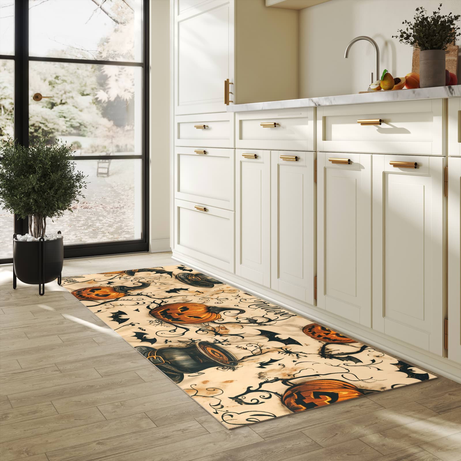 Küchenteppich mit Motiv Halloween Kürbisse für Ordnung & Übersicht in heller Küche