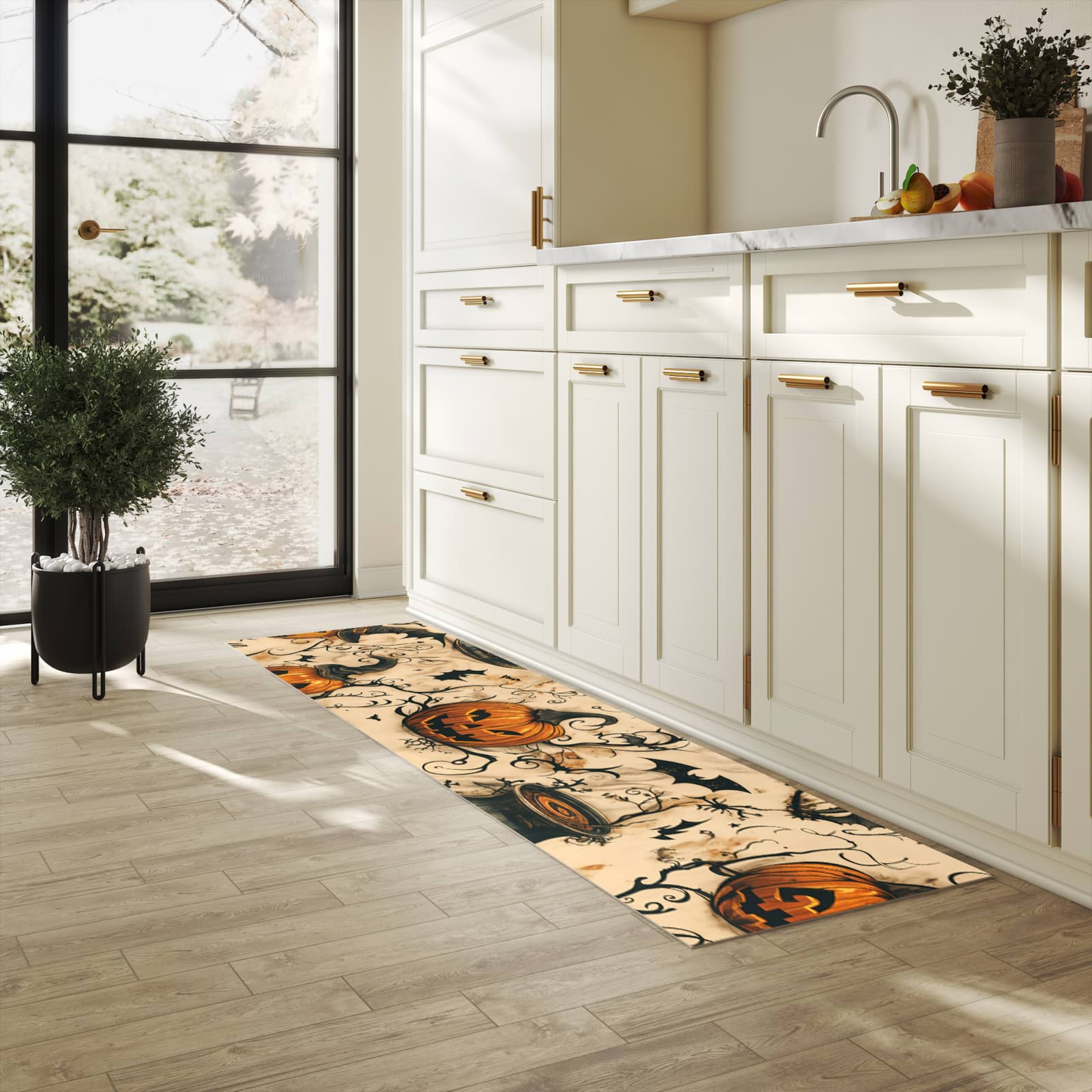 Pflegeleichter moderner Küchenläufer mit Motiv Halloween Kürbisse in heller Küche