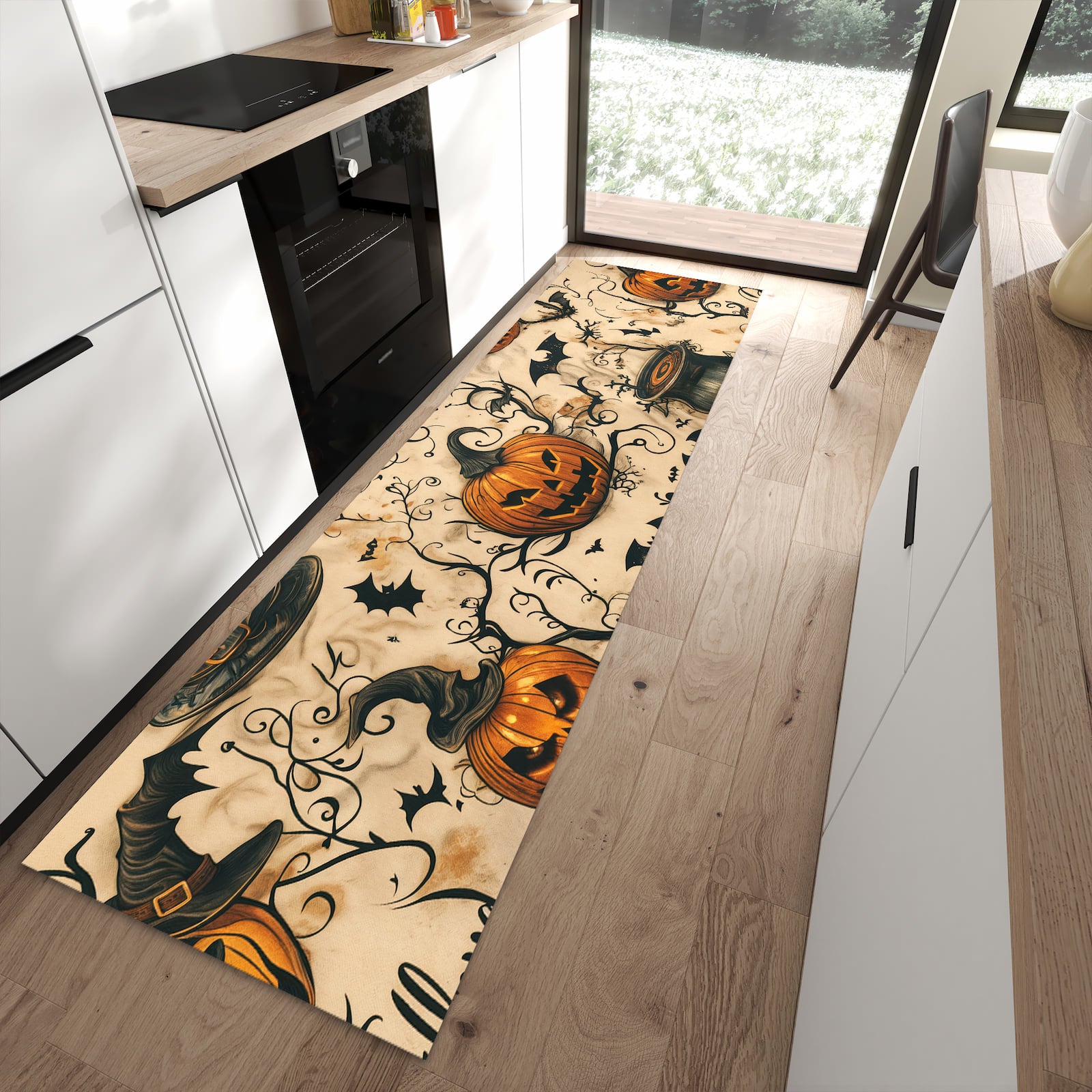 Formstabiler Küchenläufer mit Motiv Halloween Kürbisse in moderner Küche