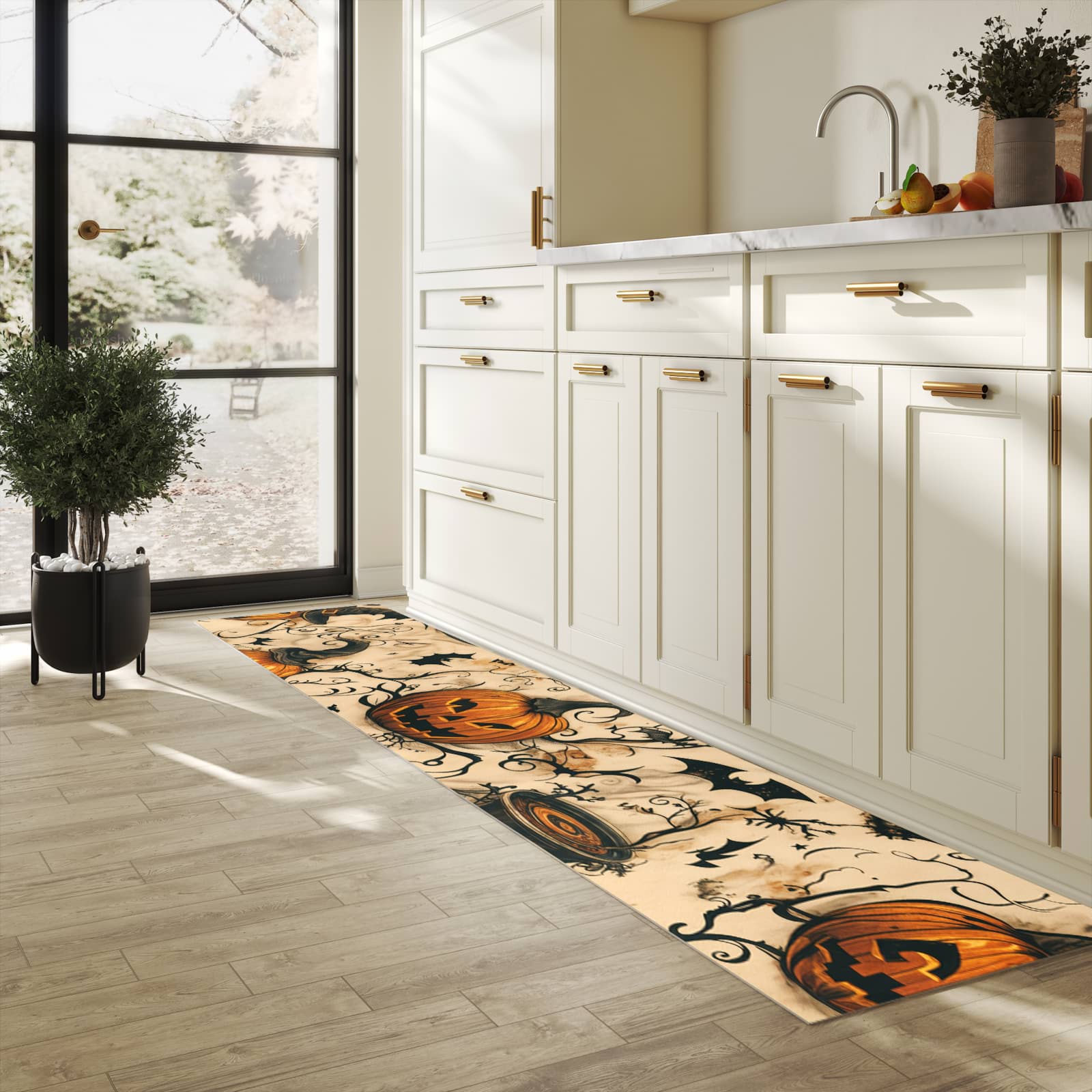 Hygienischer Küchenteppich mit Motiv Halloween Kürbisse in heller Küche - abwaschbar