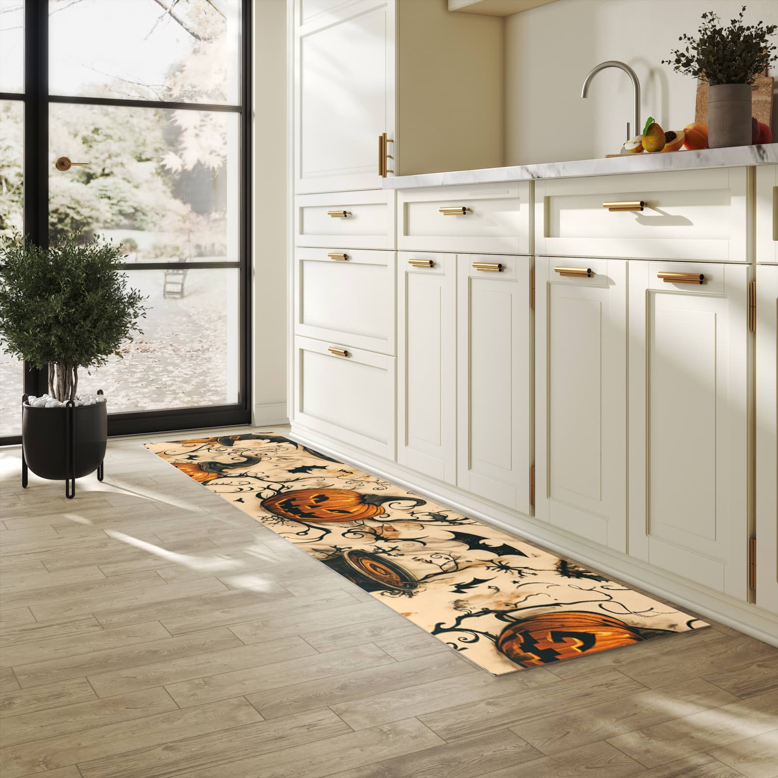 Abwaschbarer Küchenläufer mit Motiv Halloween Kürbisse in heller Küche für angenehme Haptik