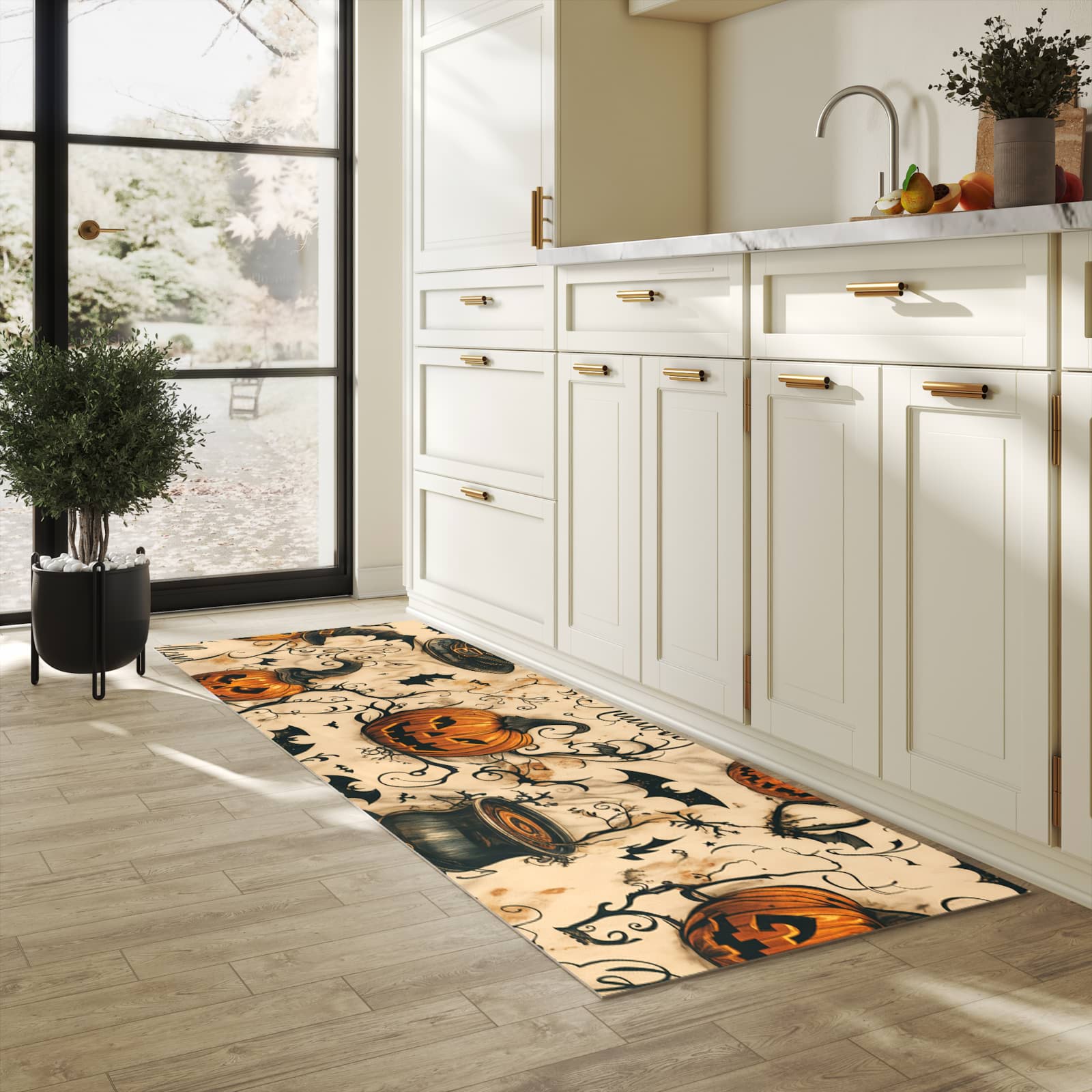 Langlebiger Küchenteppich mit Motiv Halloween Kürbisse in heller Küche
