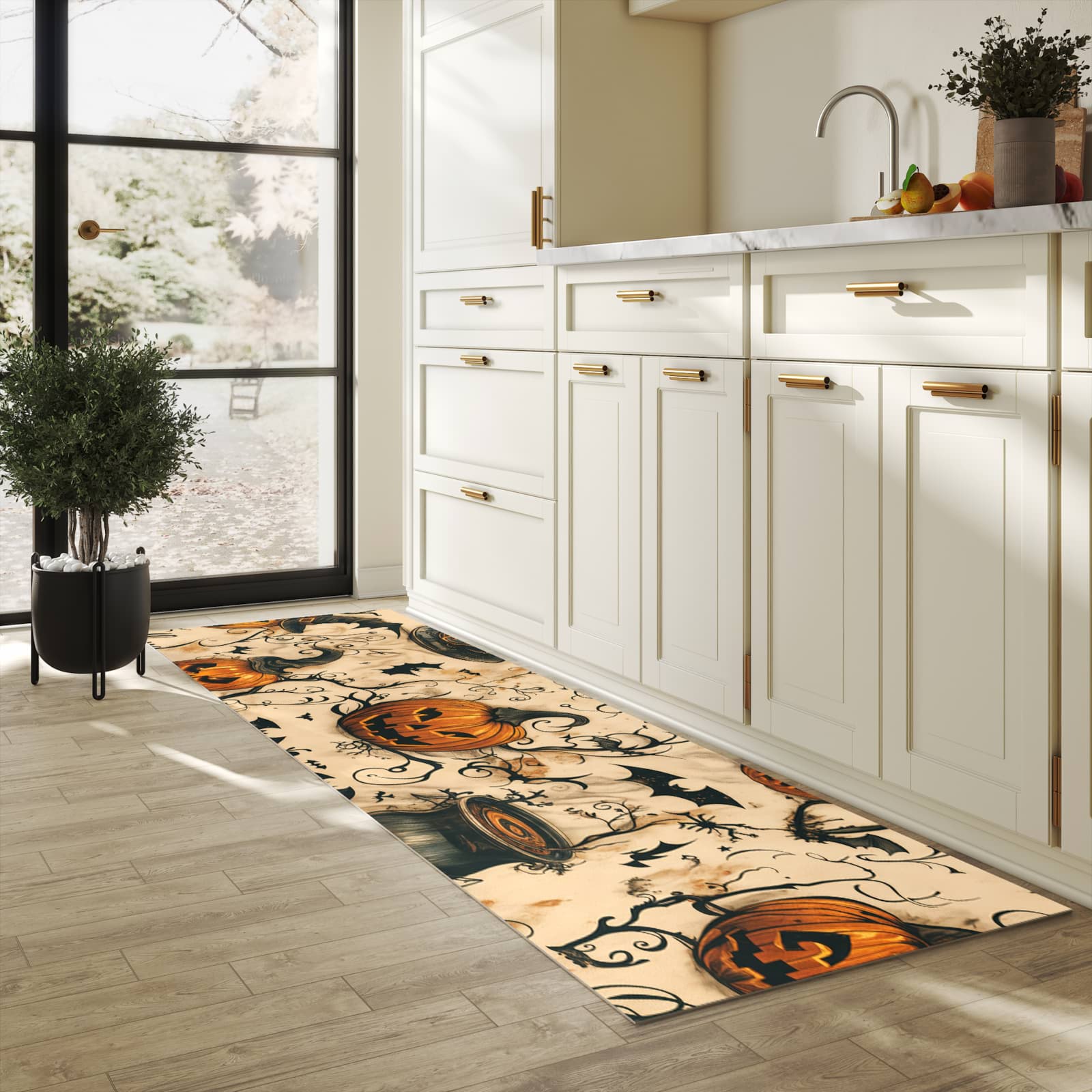 Rutschfester Küchenteppich mit Motiv Halloween Kürbisse in heller Küche