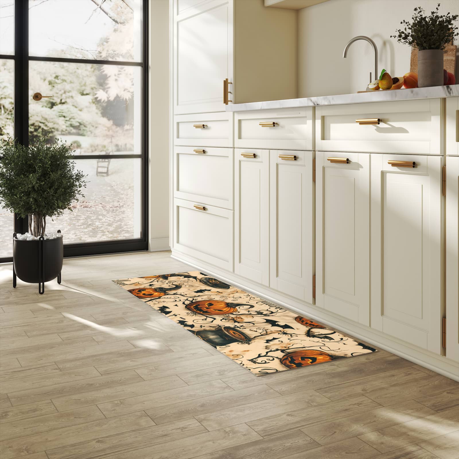 Rutschfester Küchenläufer mit Motiv Halloween Kürbisse in heller Küche zum Waschen