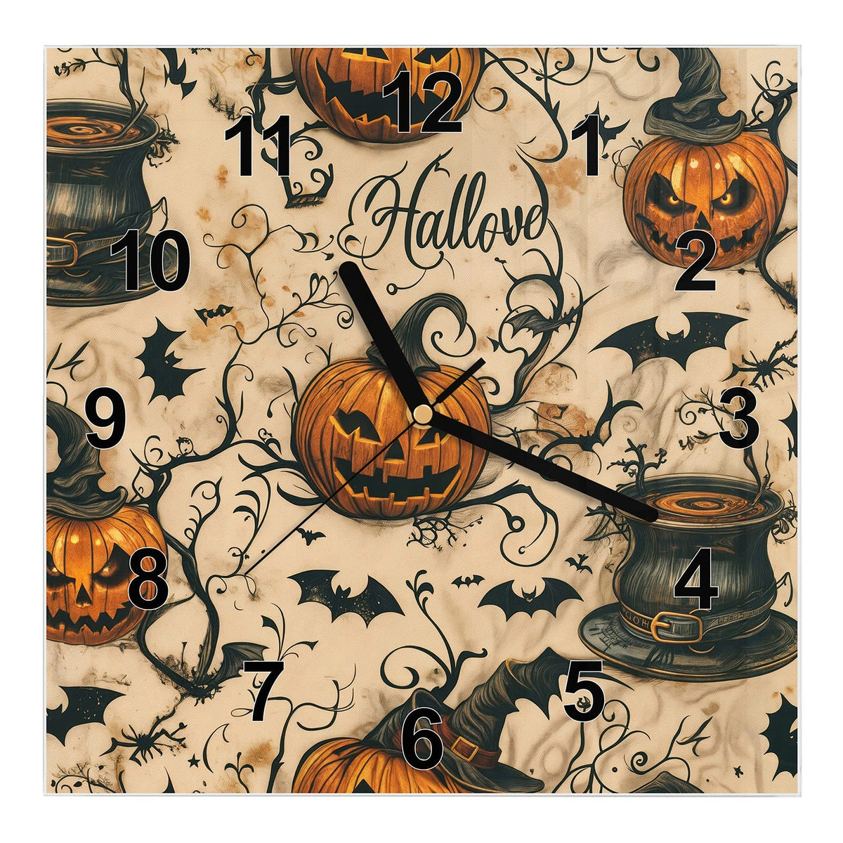 Wanduhr aus Glas, Ziffernblatt Modern: Nahtloses Vintage-Muster aus Kürbisfratzen, Fledermäusen, Hexenhüten und Halloween-Schriftzug auf Beige #ziffernblatt_Modern