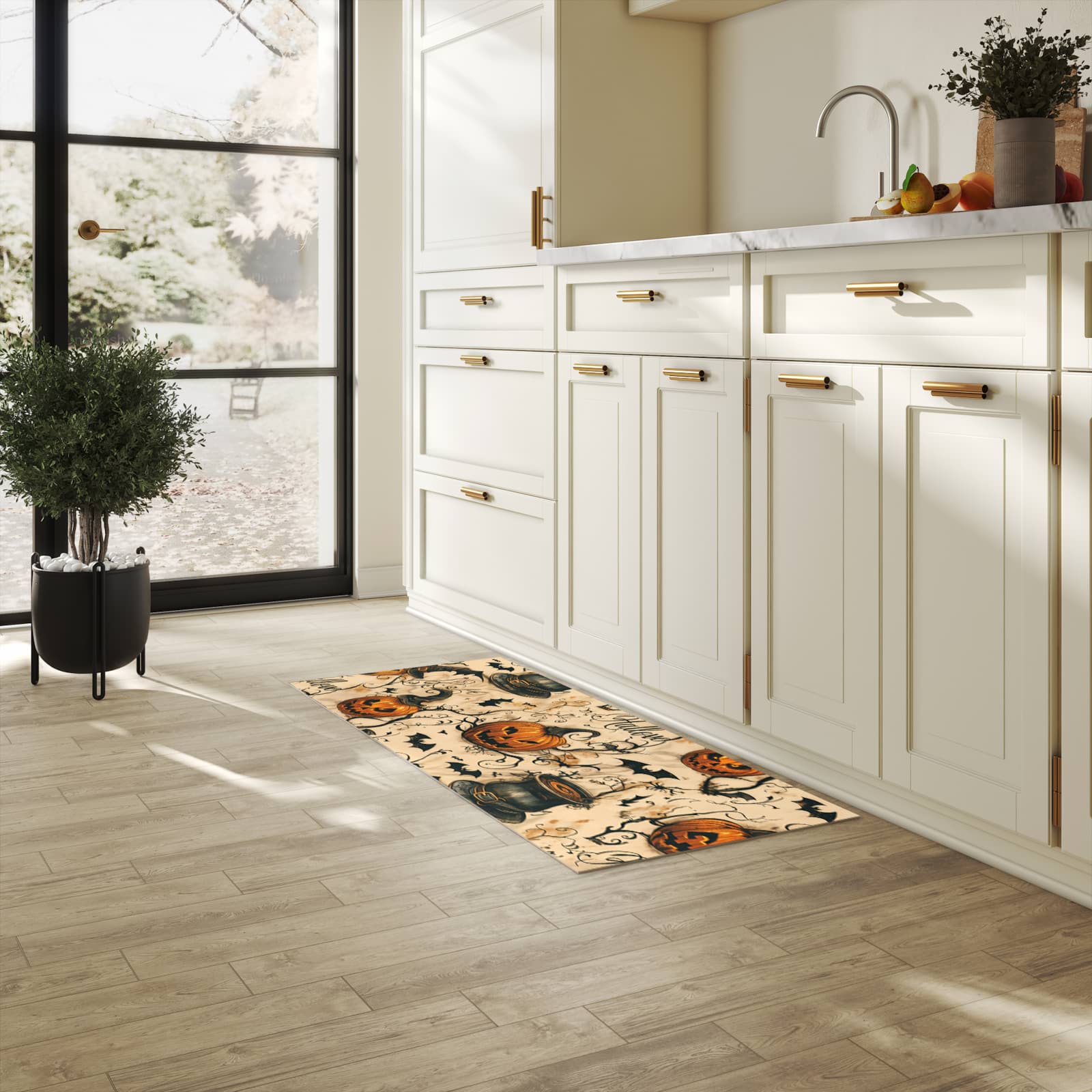 Komfortabler Küchenläufer nach Maß mit Motiv Halloween Kürbisse in heller Küche