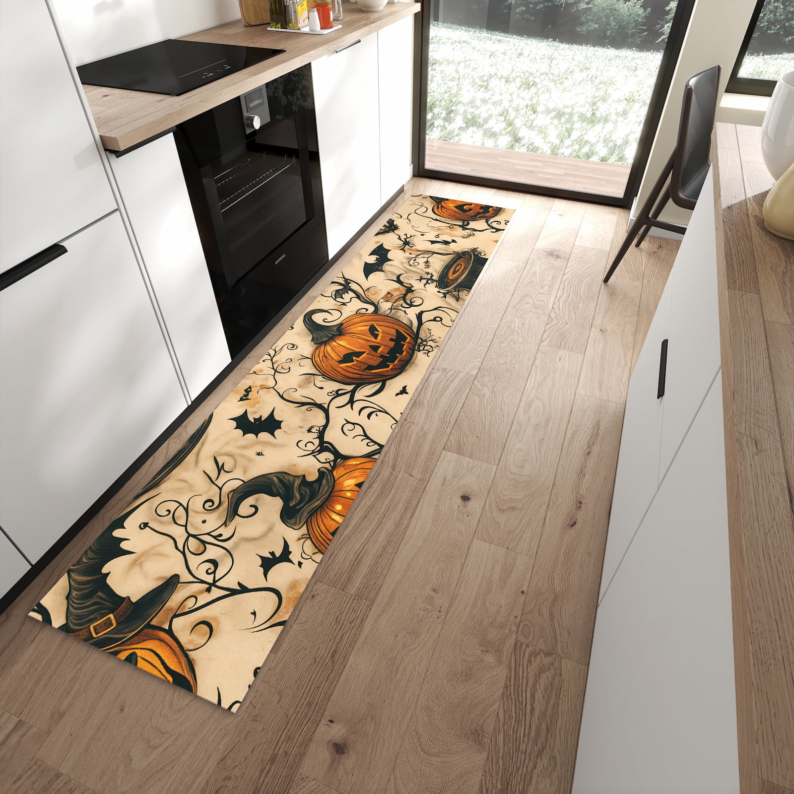 Feuchtigkeitsresistenter waschbarer Küchenläufer mit Motiv Halloween Kürbisse in moderner Küche