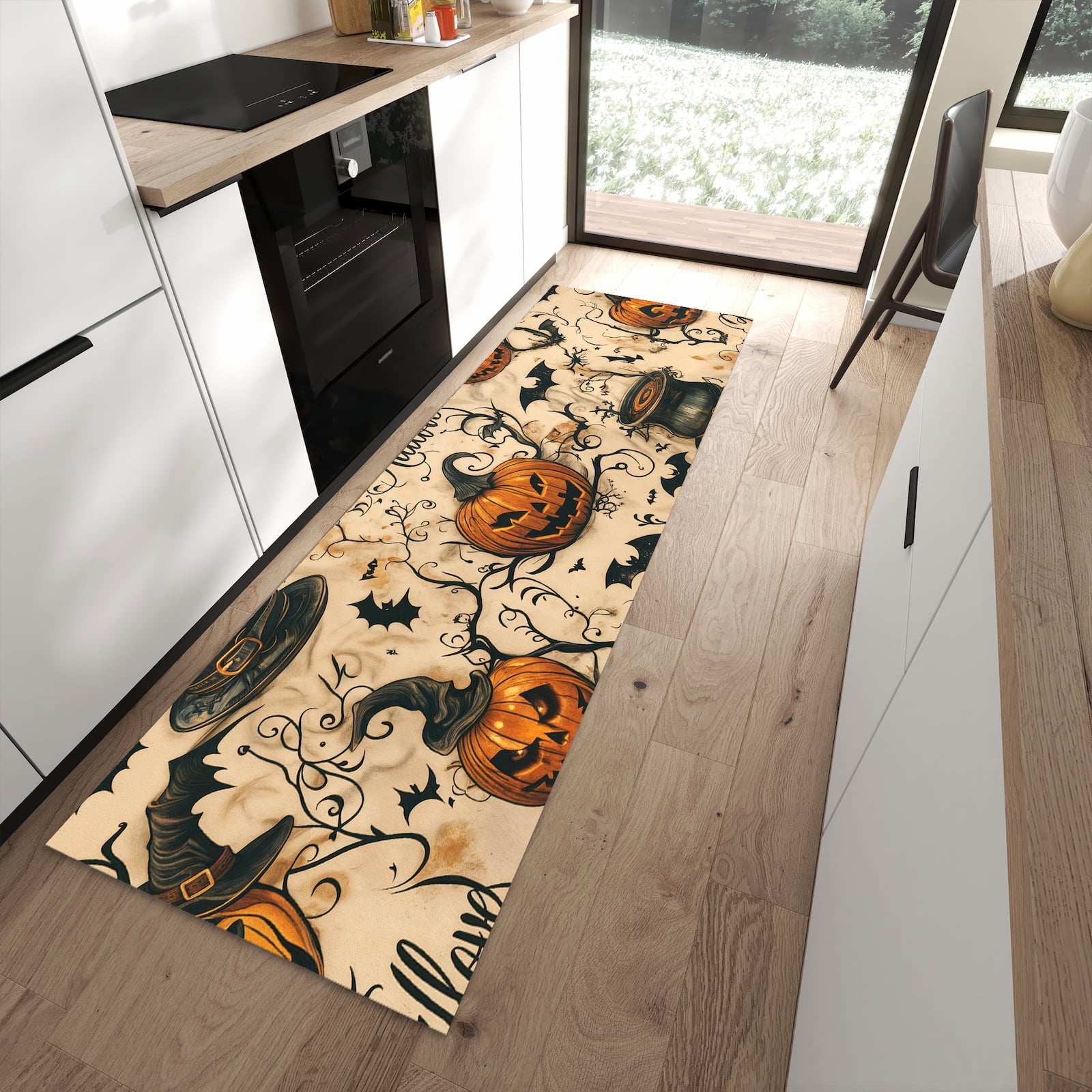 Farbbeständiger Küchenläufer mit Motiv Halloween Kürbisse in moderner Küche zum Waschen