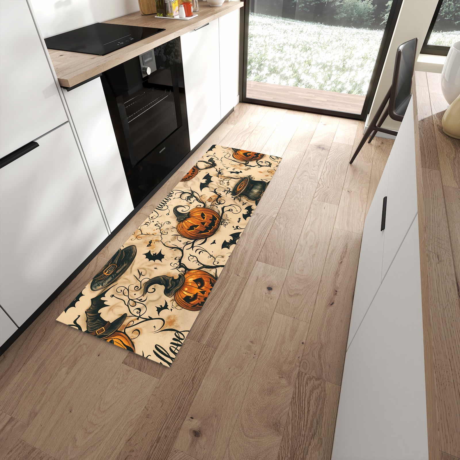 Langlebiger rutschfester Küchenläufer mit Motiv Halloween Kürbisse in moderner Küche