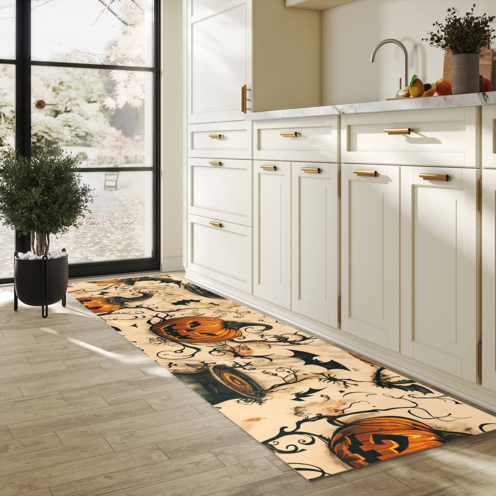 Feuchtigkeitsresistenter Teppich für die Küche mit Motiv Halloween Kürbisse in heller Küche