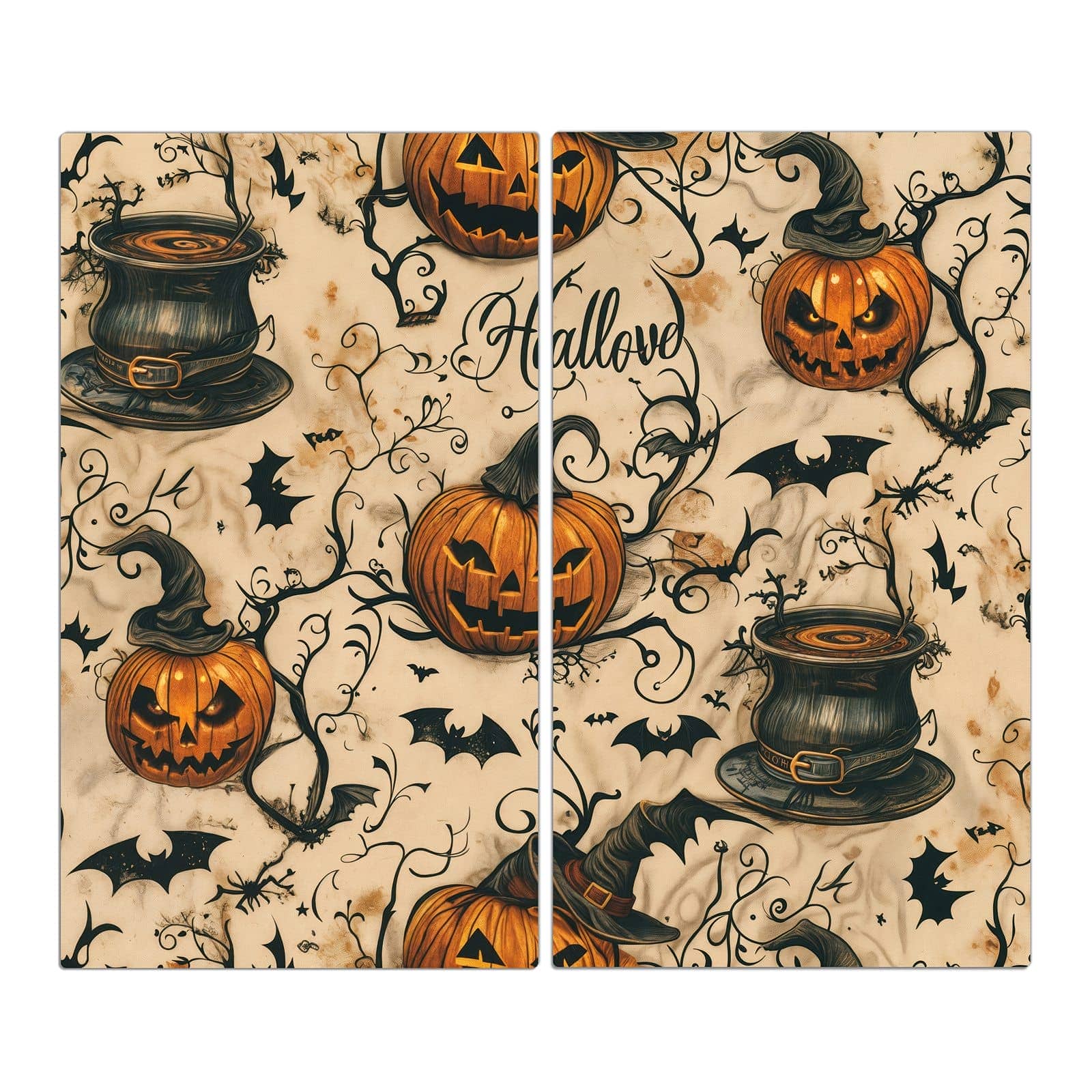 2-teilige Ceranfeldabdeckungen mit Halloween Kürbisse-Motiv in der Frontansicht #grösse_2-Teilig (60x52cm)